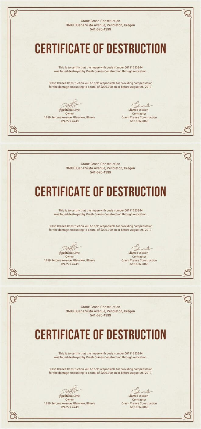 Free Certificate Of Destruction | Free Certificate Templates Regarding Certificate Of Destruction Template