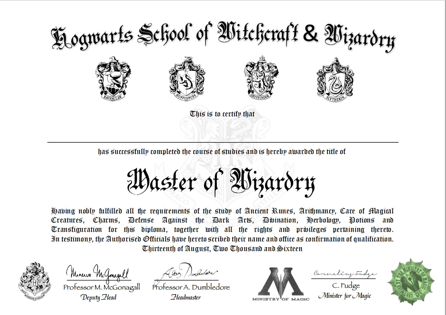 Free Certificate Of Hogwarts To Download And Use | Harry For Harry Potter Certificate Template