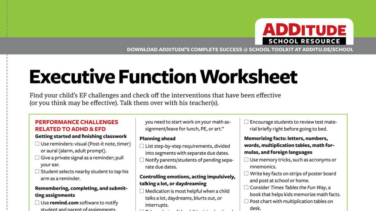 Free Checklist: Common Executive Function Challenges — And Within Daily Report Card Template For Adhd