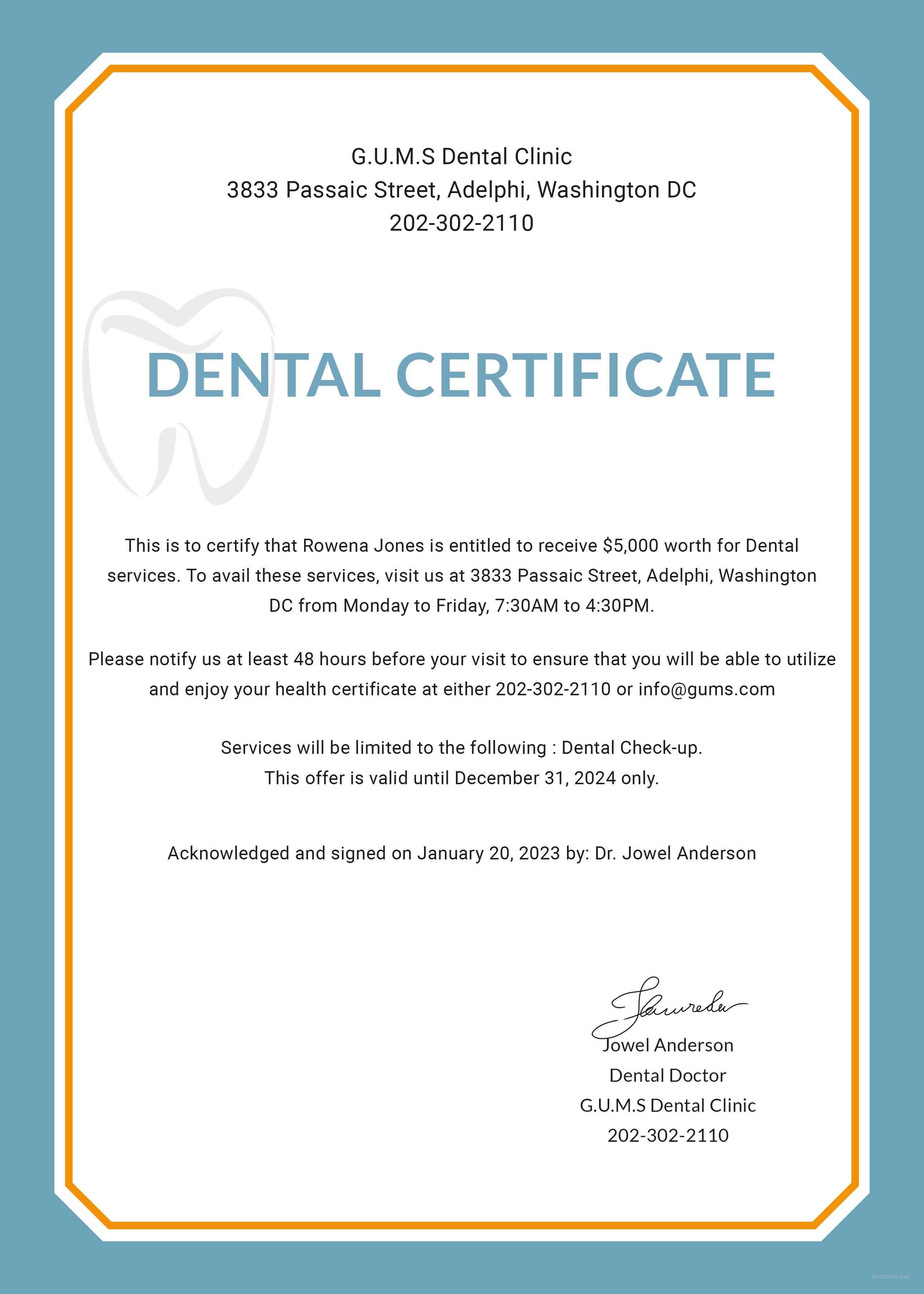 Free Dental Medical Certificate Sample | Free Dental, Dental Within Fake Medical Certificate Template Download