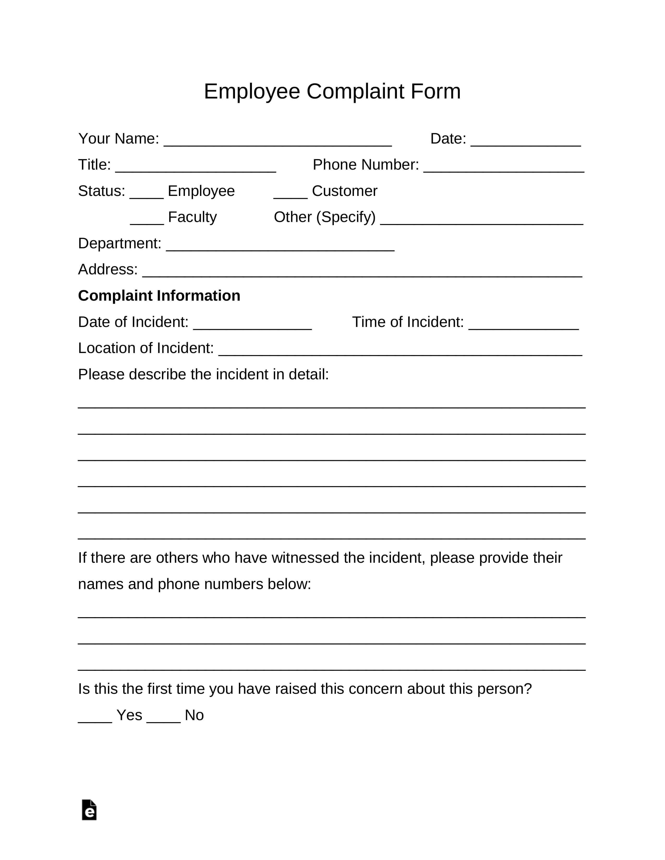 Free Employee Complaint Form – Pdf | Word | Eforms – Free Intended For Word Employee Suggestion Form Template