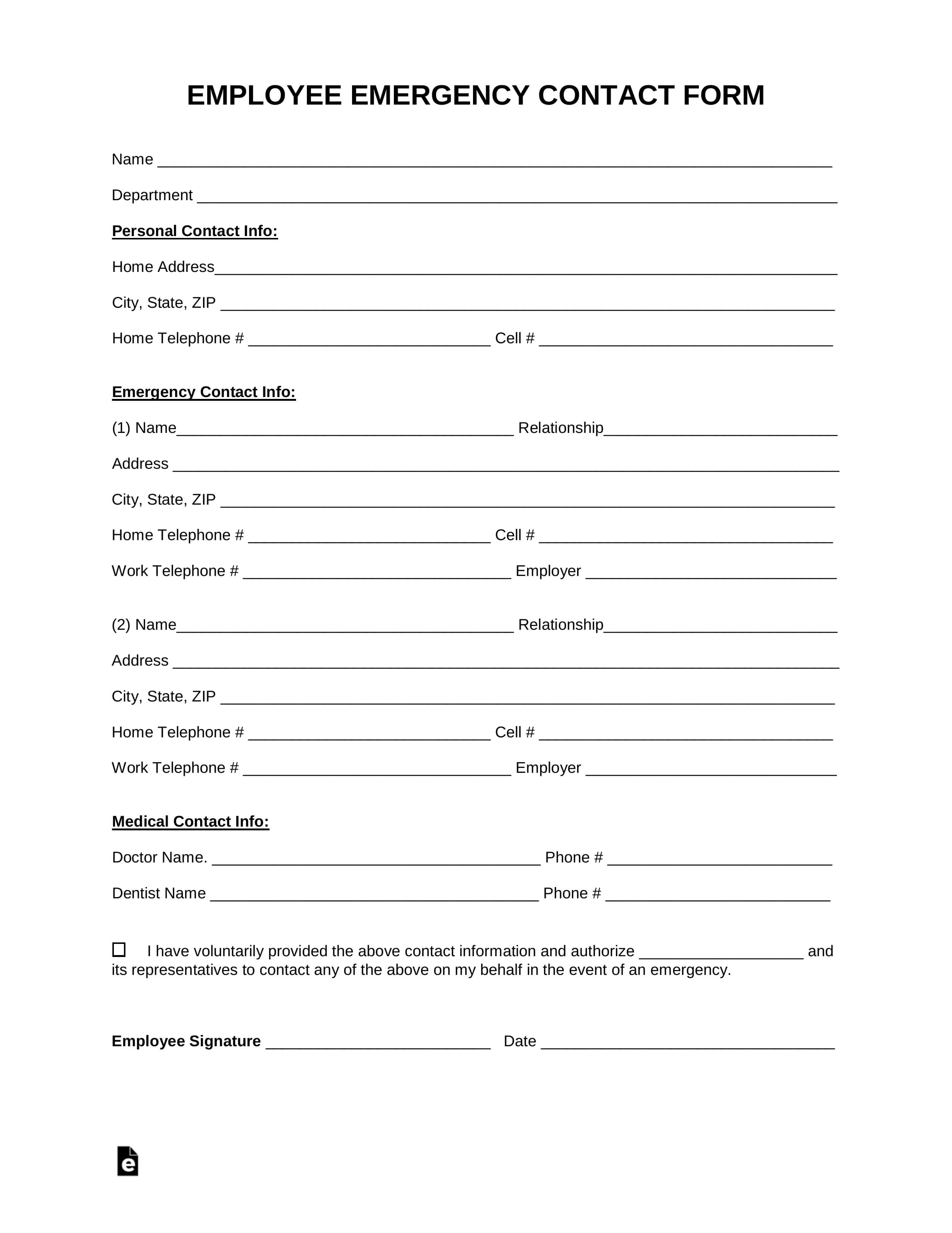 Free Employee Emergency Contact Form – Pdf | Word | Eforms Inside Emergency Contact Card Template