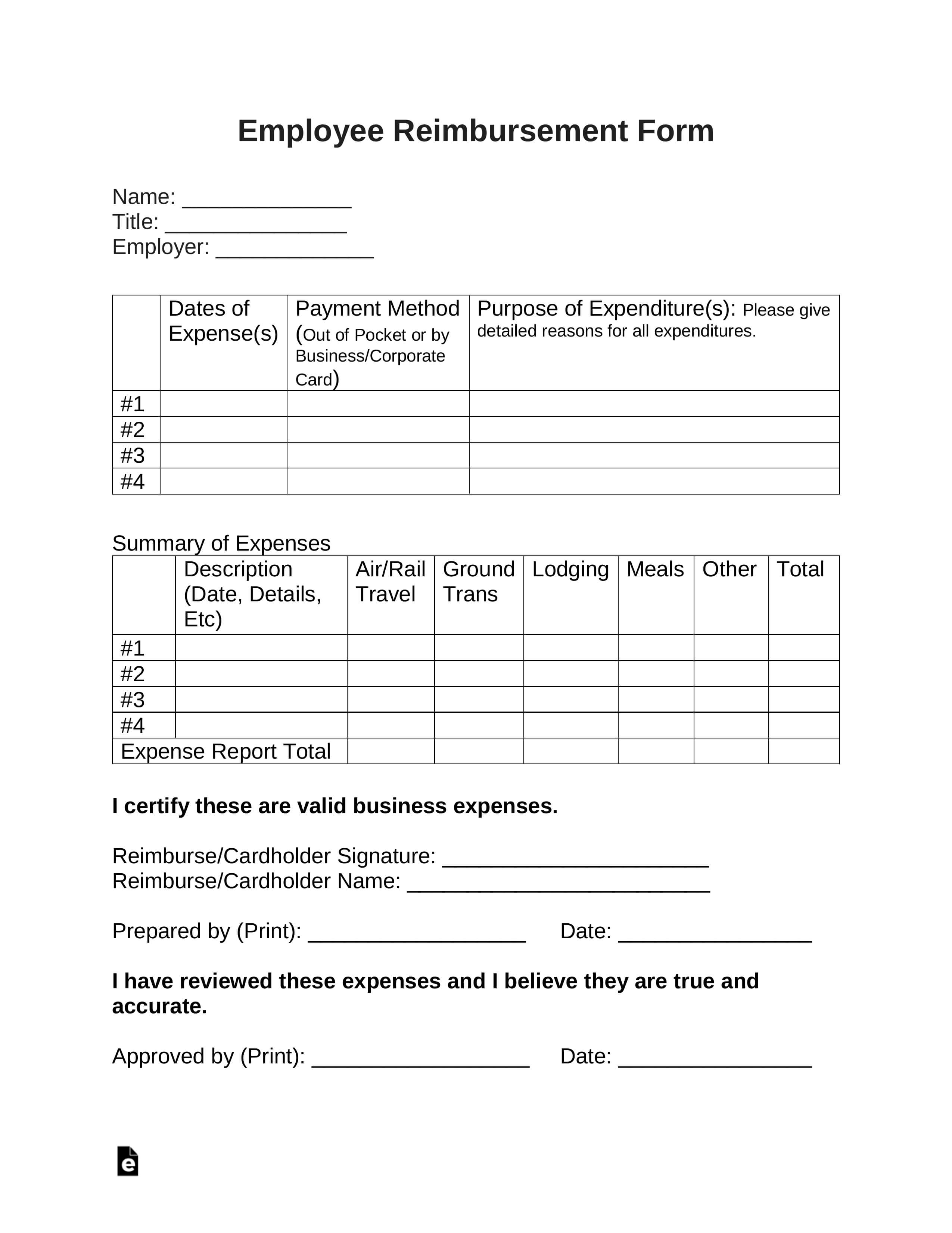 Free Employee Reimbursement Form – Pdf | Word | Eforms In Reimbursement Form Template Word