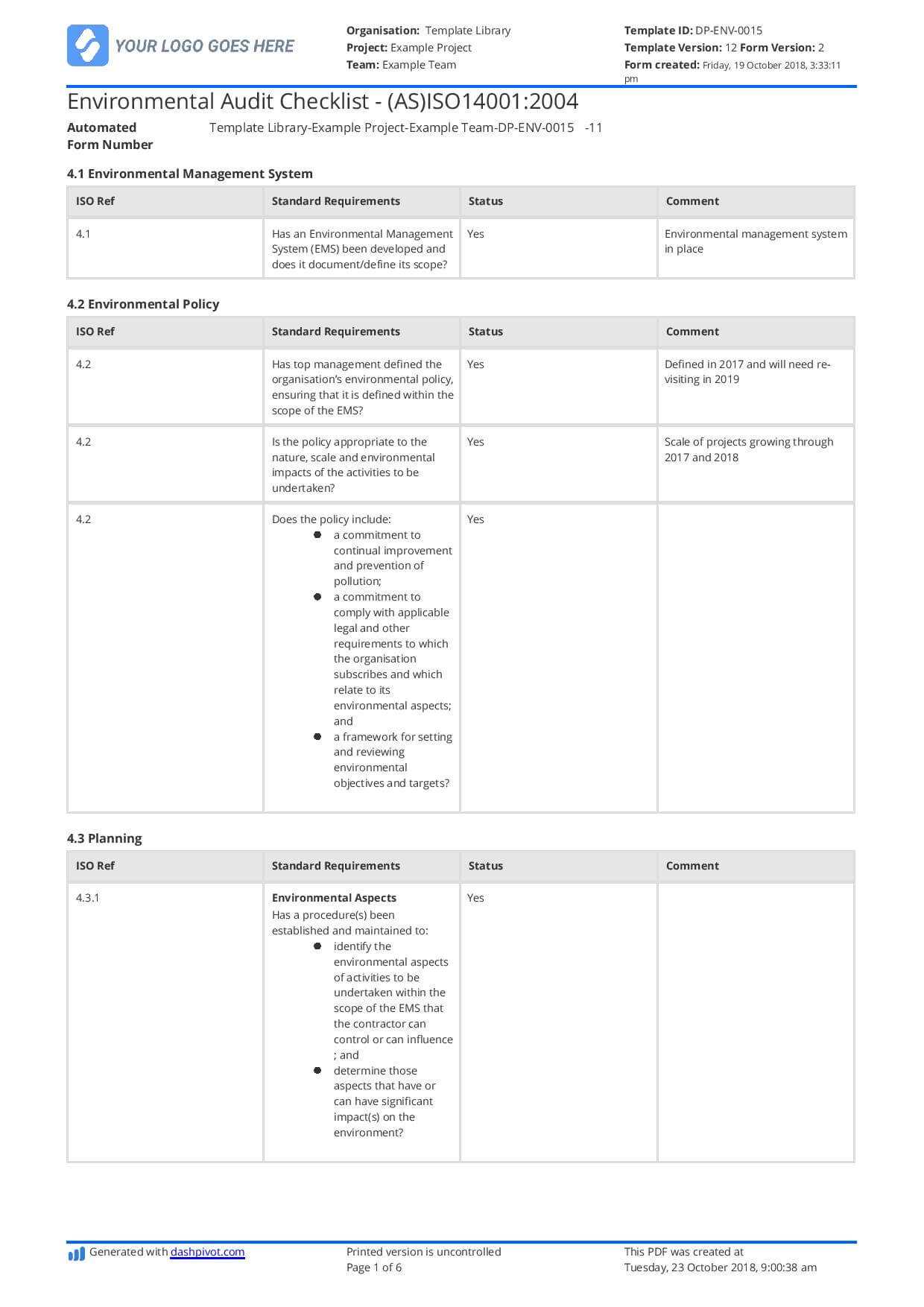 Free Environmental Audit Checklist (Better Than Xls, Excel Throughout Environmental Impact Report Template