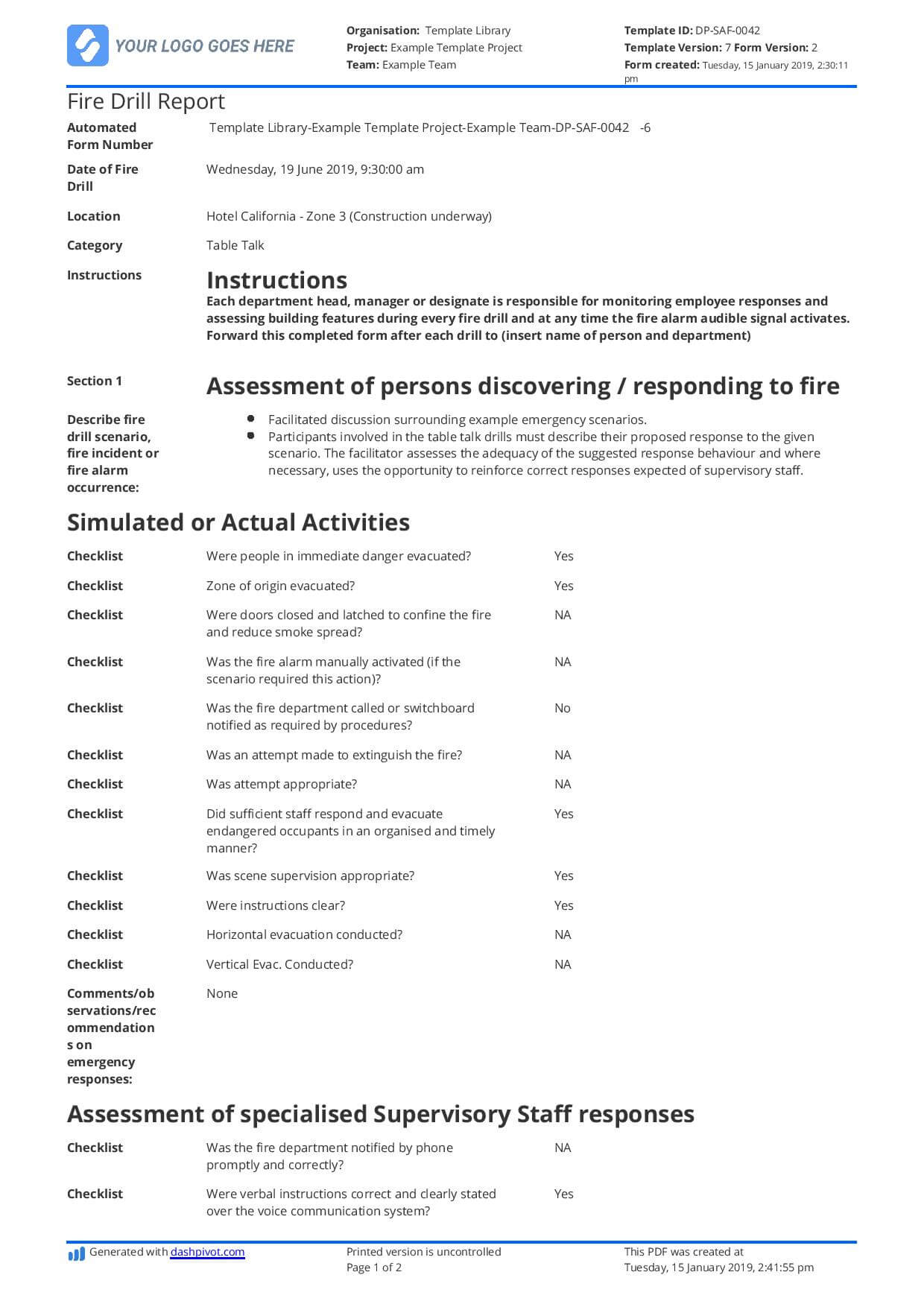 Free Fire Drill Report Template - Use, Customise, Download Regarding Fire Evacuation Drill Report Template