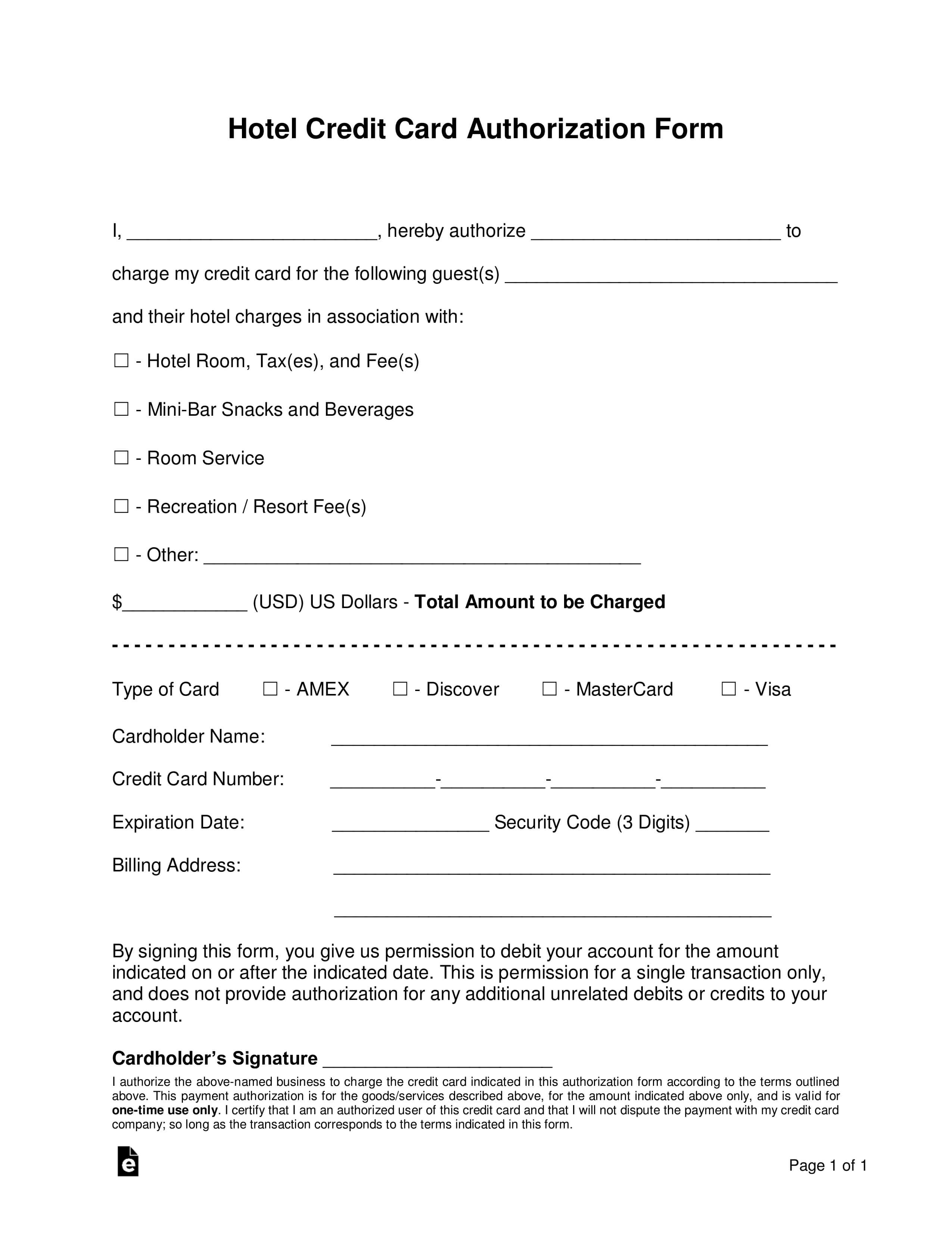 Free Hotel Credit Card Authorization Forms – Word | Pdf With Hotel Credit Card Authorization Form Template