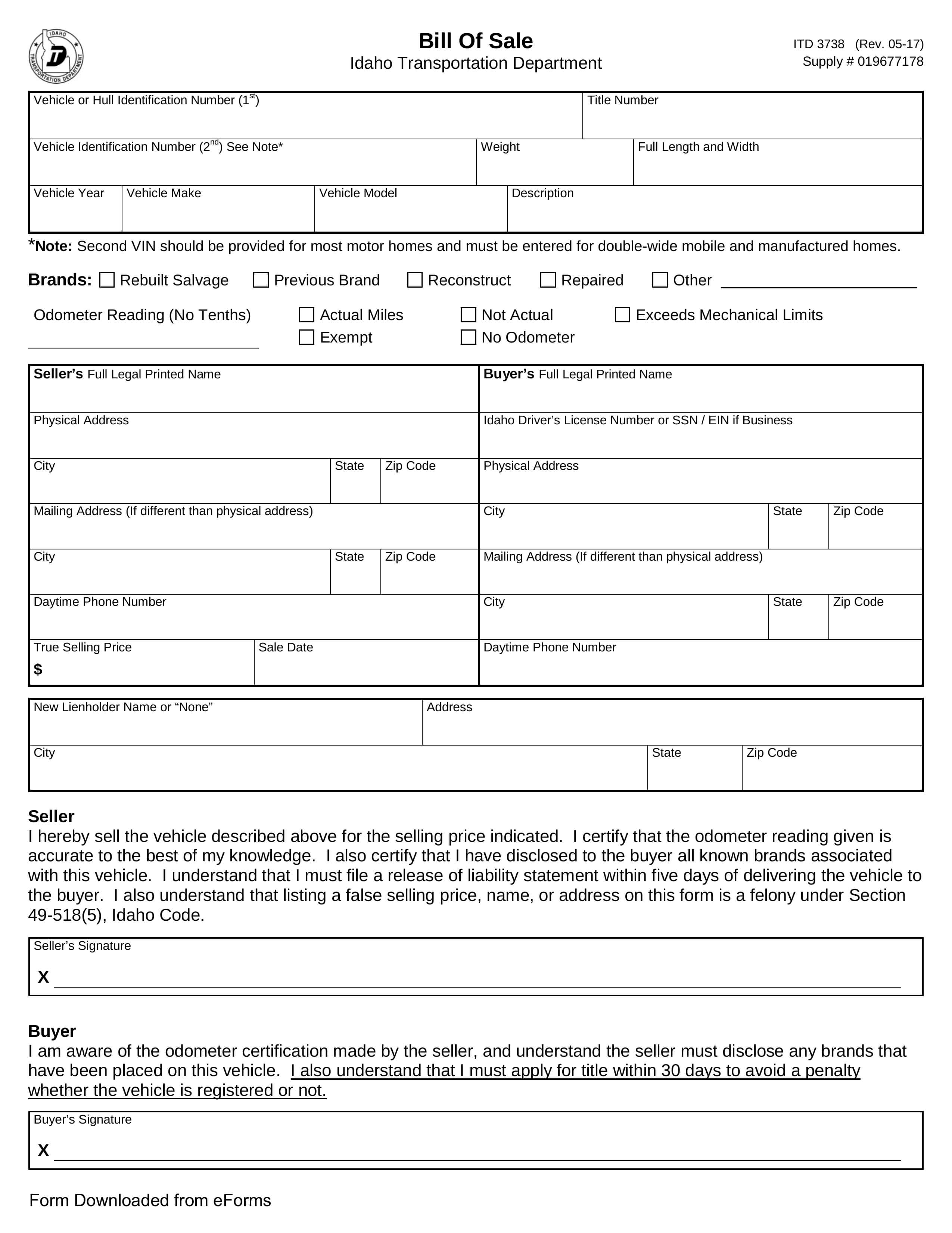Free Idaho Bill Of Sale Forms – Pdf | Eforms – Free Fillable Inside Vehicle Bill Of Sale Template Word