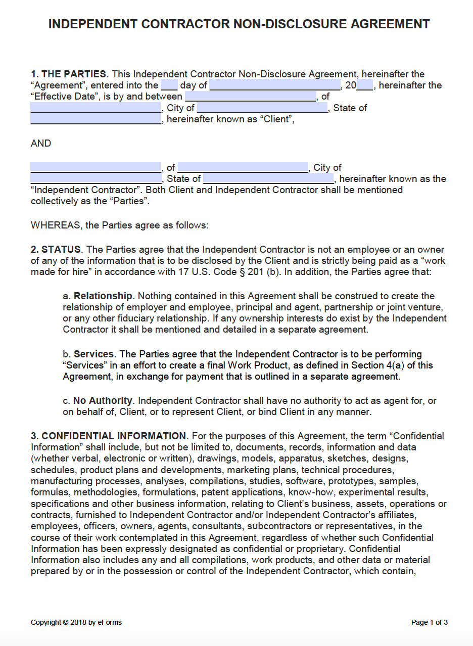 Free Independent Contractor Non Disclosure Agreement (Nda Pertaining To Nda Template Word Document