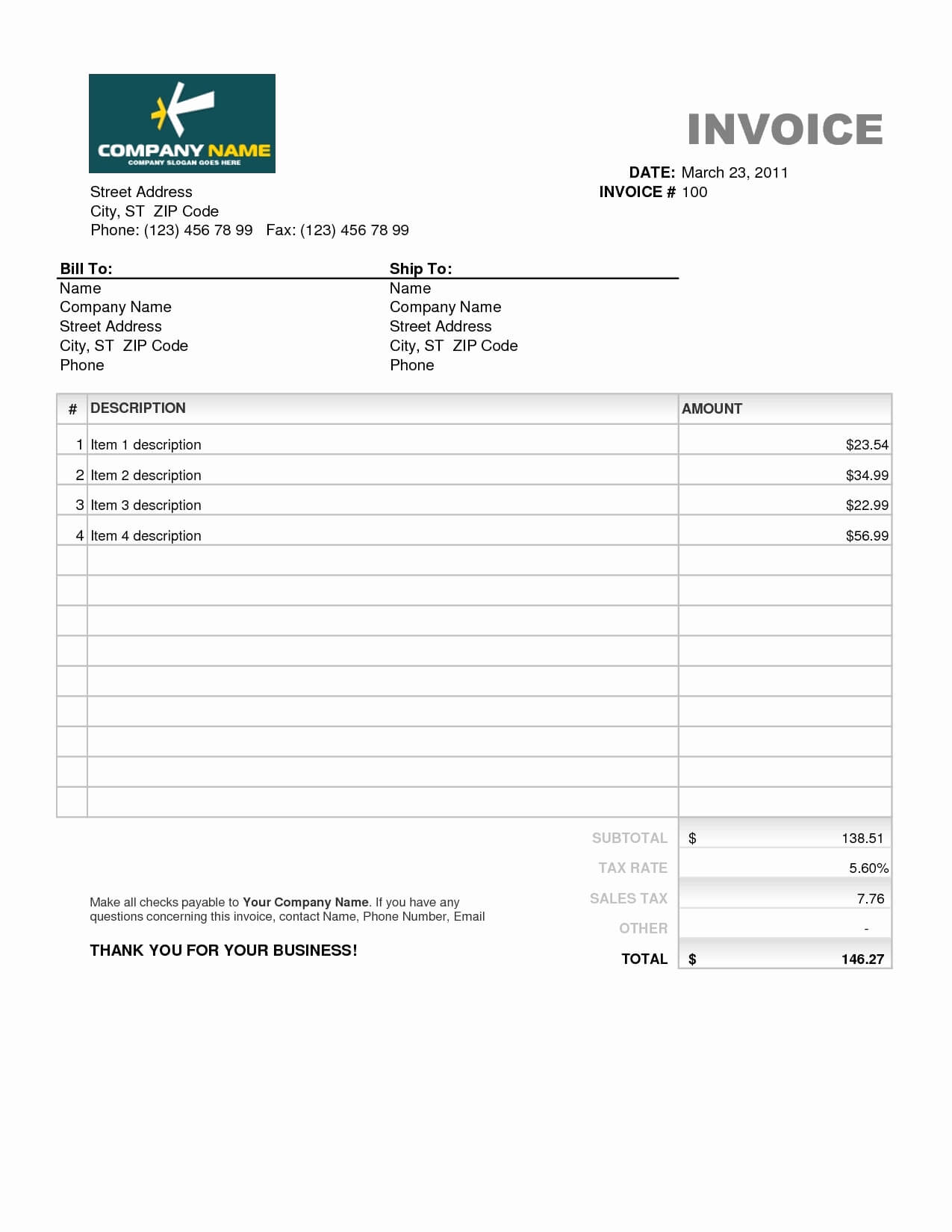 Free Invoice Spreadsheet Template Download Word Format South Inside Free Invoice Template Word Mac