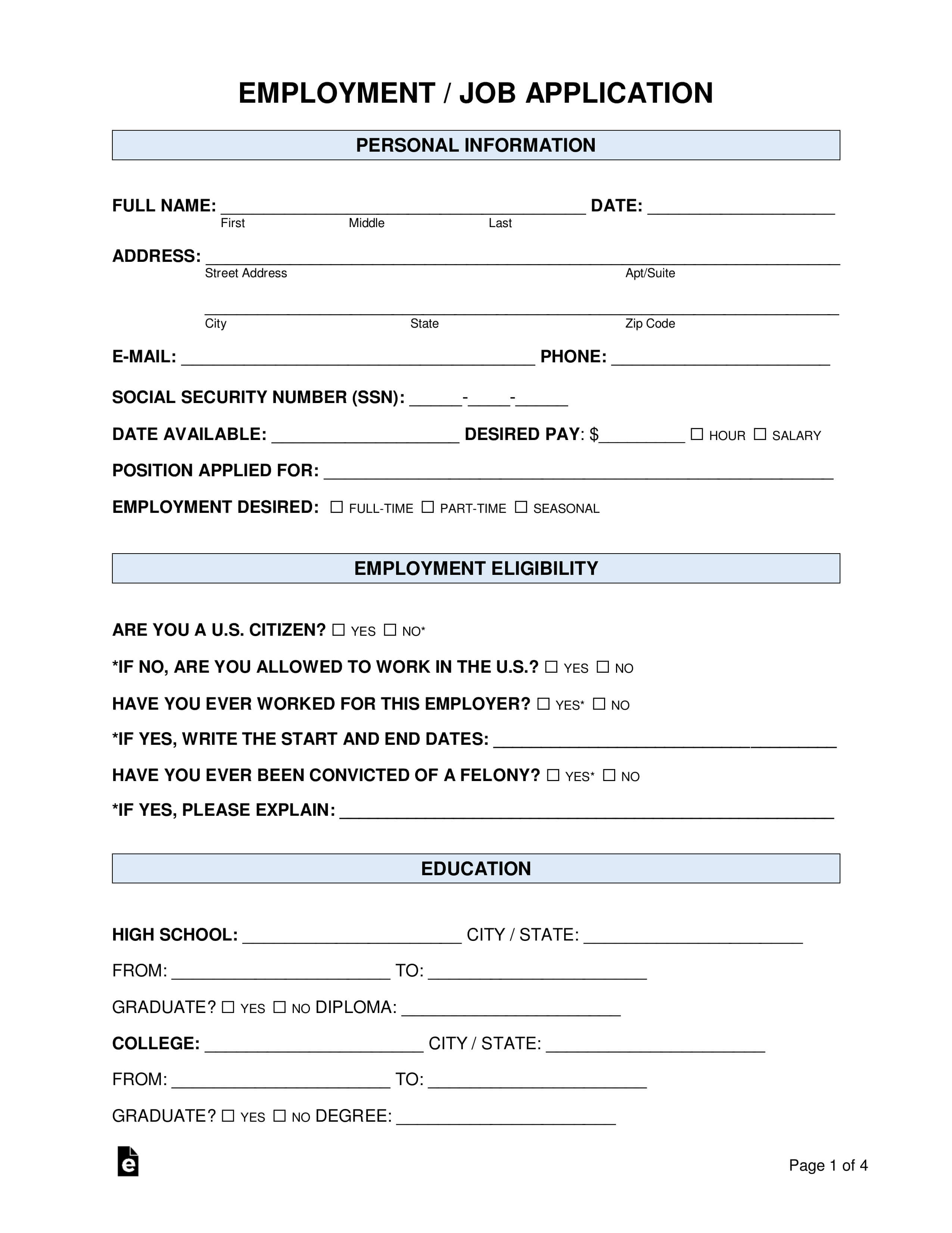 Free Job Application Form – Standard Template – Pdf | Word Throughout Job Application Template Word