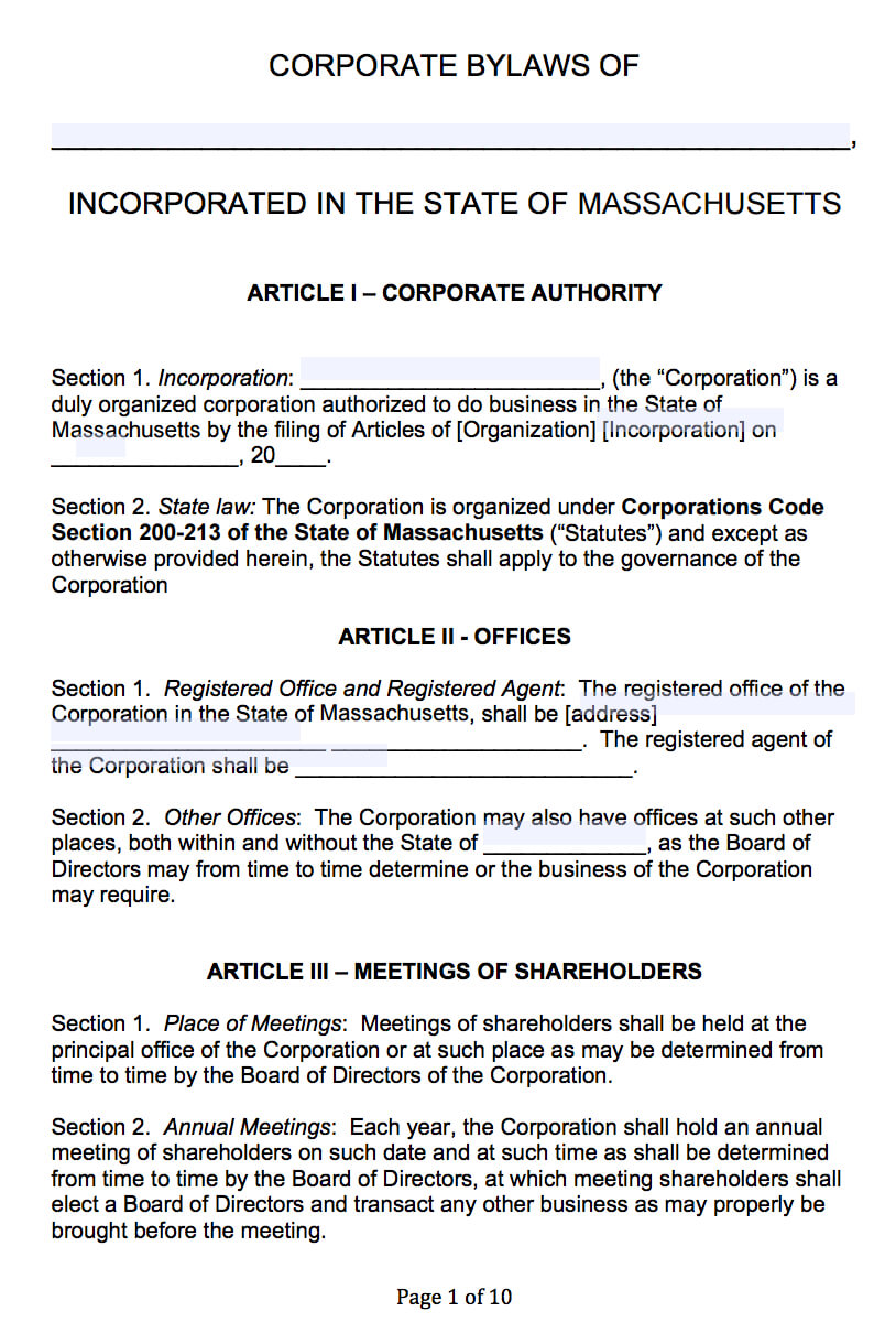 Free Massachusetts Corporate Bylaws Template | Pdf | Word | Intended For Corporate Bylaws Template Word