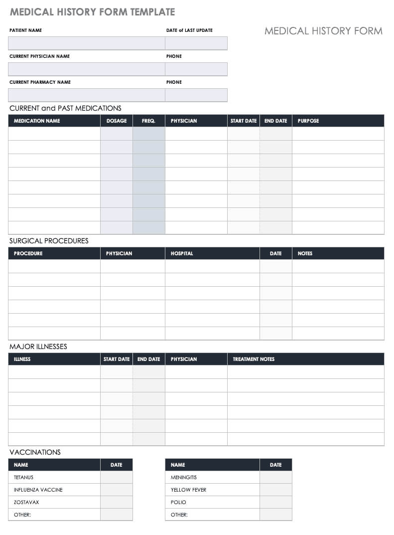 Free Medical Form Templates | Smartsheet Within Medical History Template Word