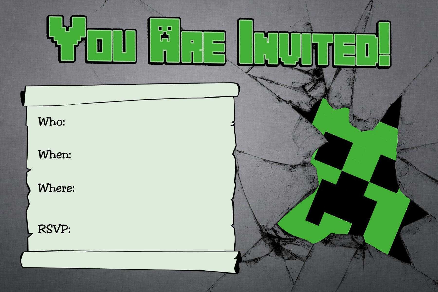 Free Minecraft Creeper Inspired Birthday Invitation Intended For Minecraft Birthday Card Template