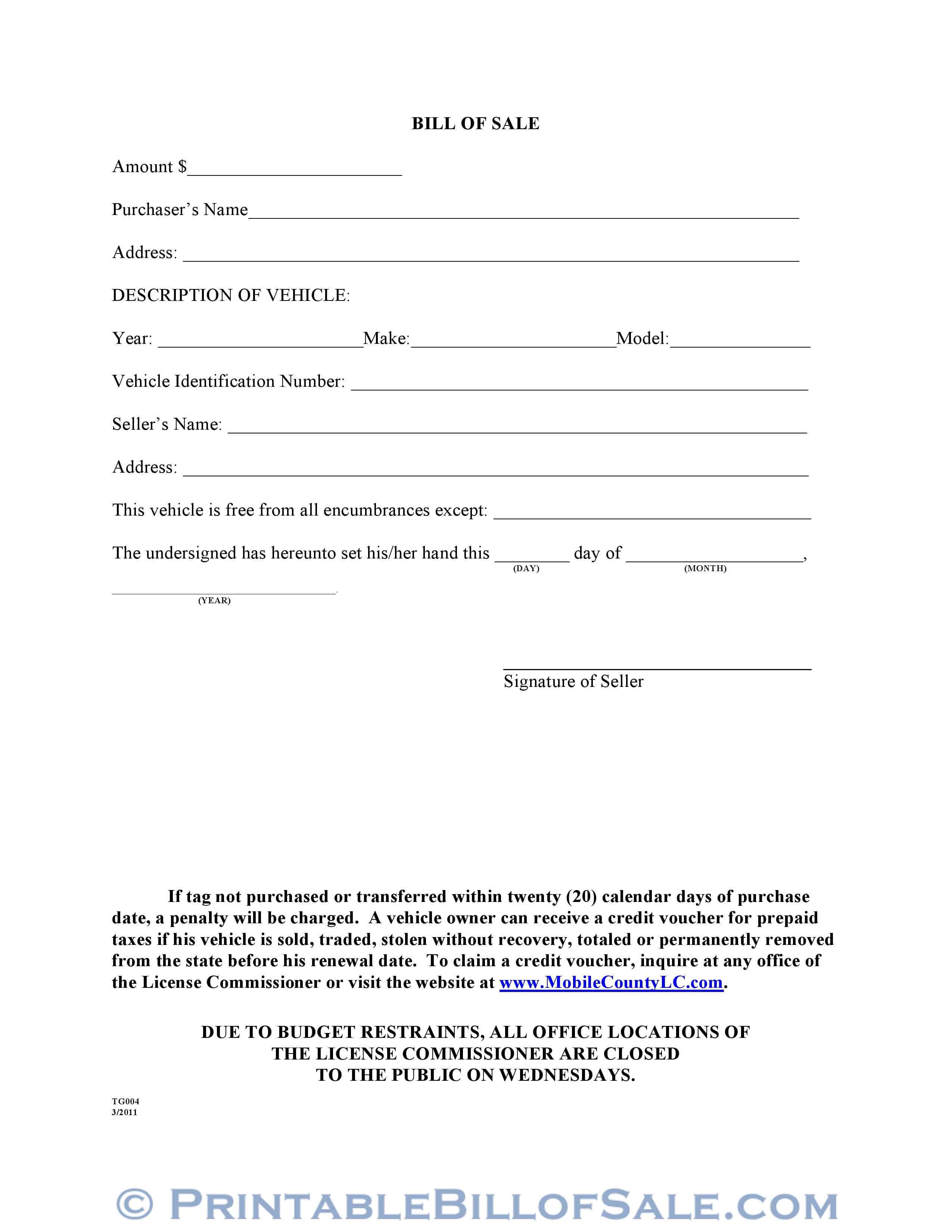 Free Mobile County Alabama Motor Vehicle Bill Of Sale Form With Car Bill Of Sale Word Template