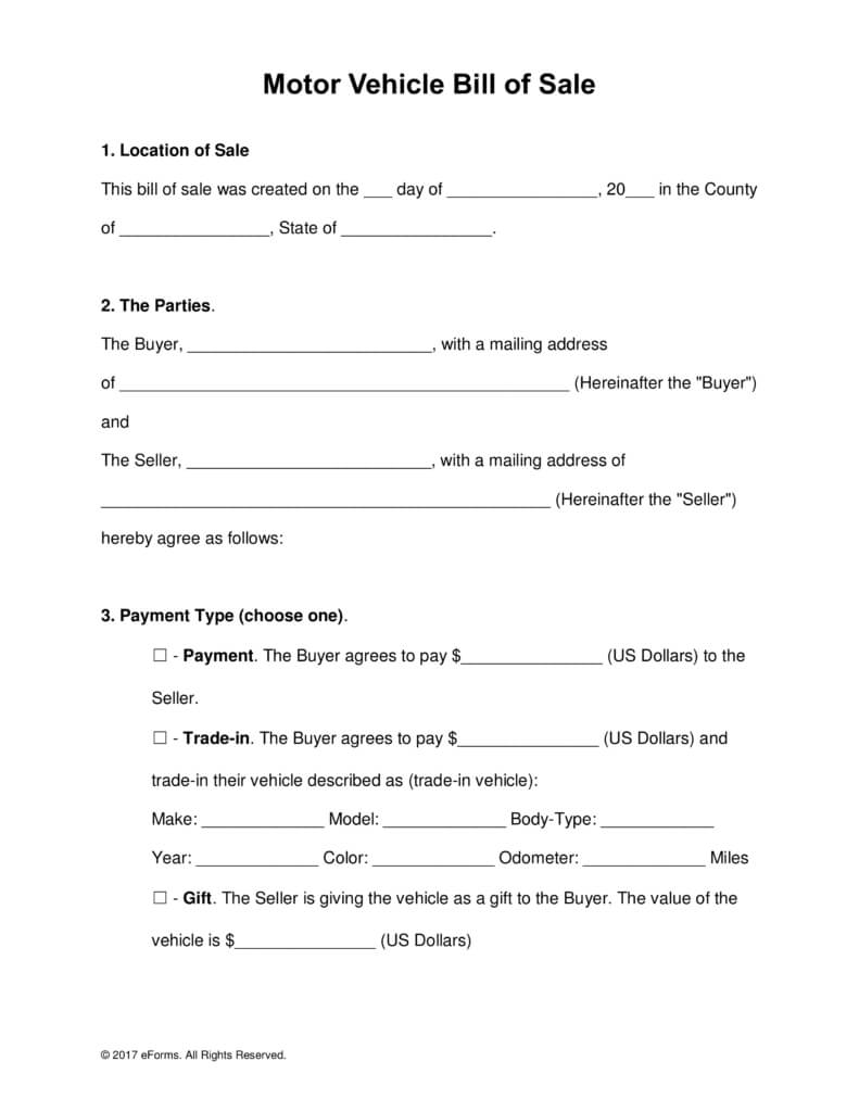 Free Motor Vehicle (Dmv) Bill Of Sale Form – Word | Pdf With Car Bill Of Sale Word Template