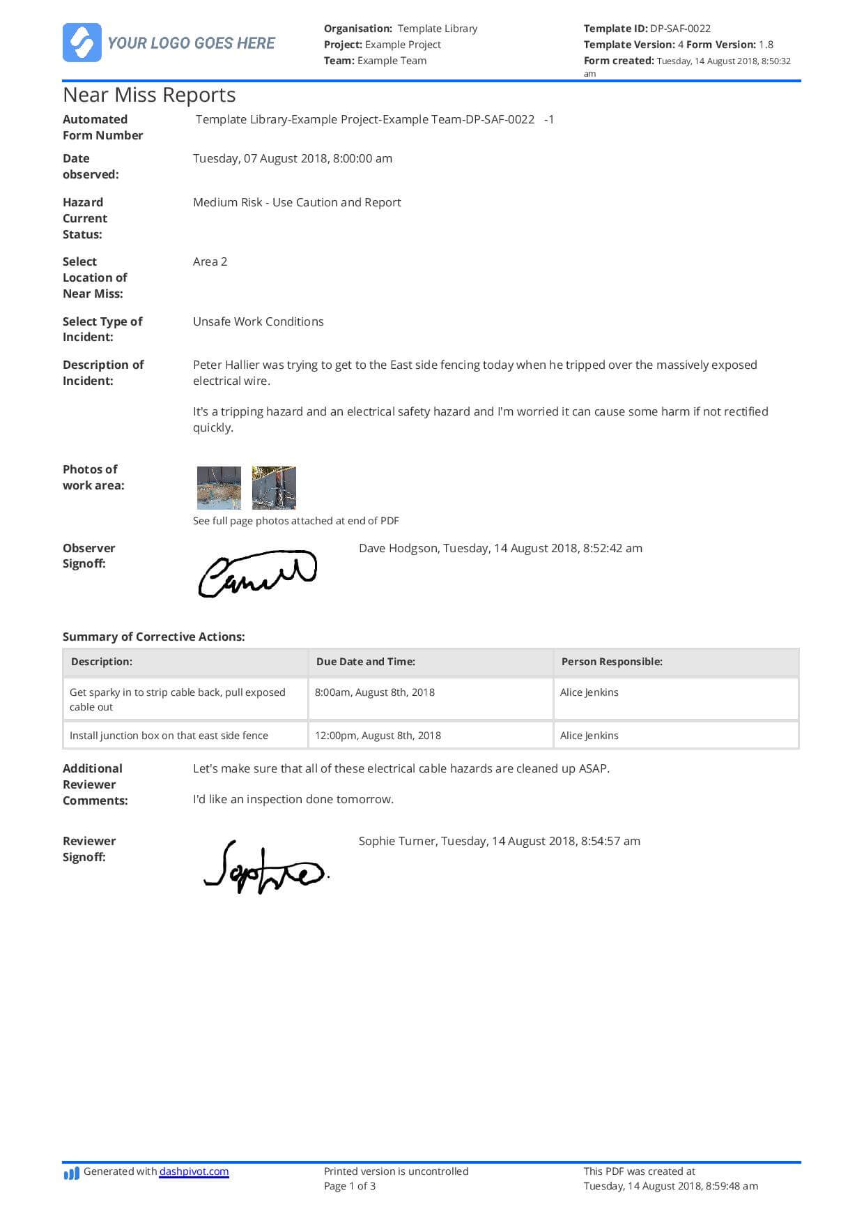 Free Near Miss Reporting Template (Easily Customisable) Within Near Miss Incident Report Template
