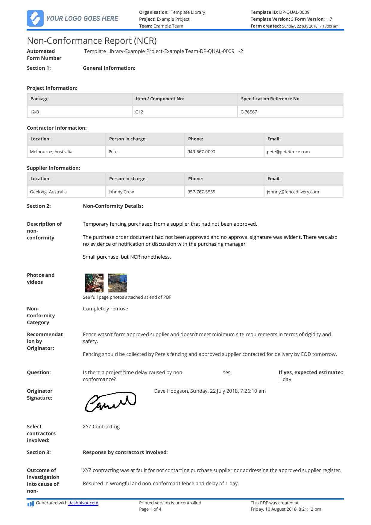 Free Non Conformance Report Template (Better Than Pdf And Pertaining To Non Conformance Report Form Template