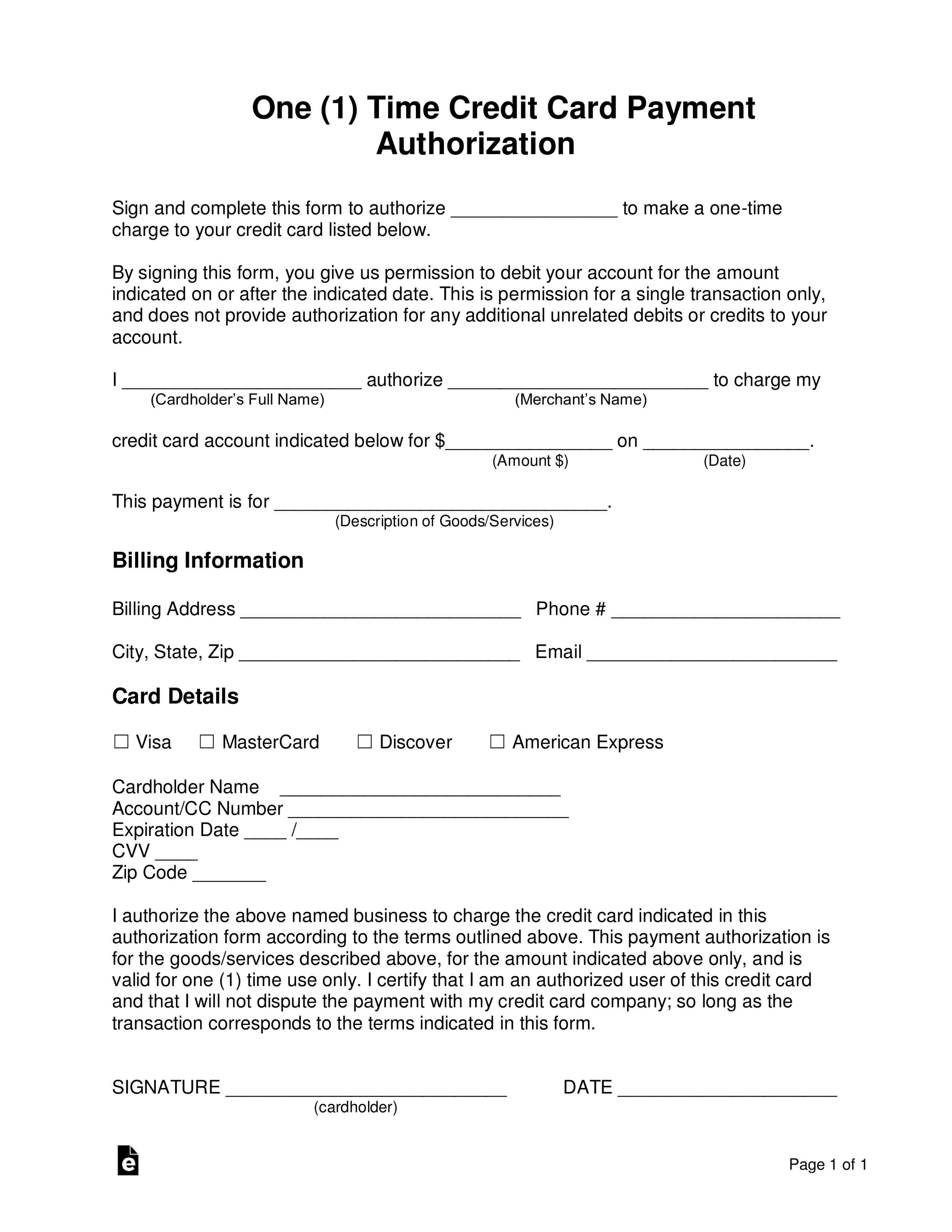 Free One (1) Time Credit Card Payment Authorization Form For Credit Card Payment Form Template Pdf