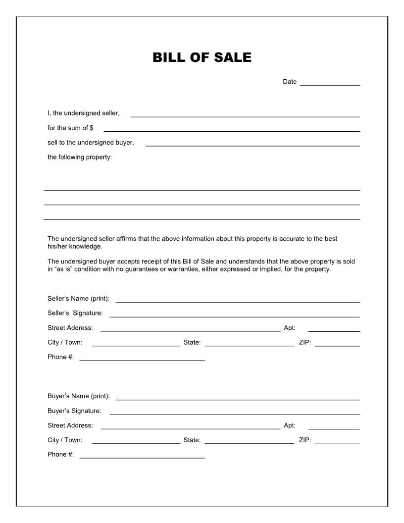 Free Printable Blank Bill Of Sale Form Template – As Is Bill For Car Bill Of Sale Word Template