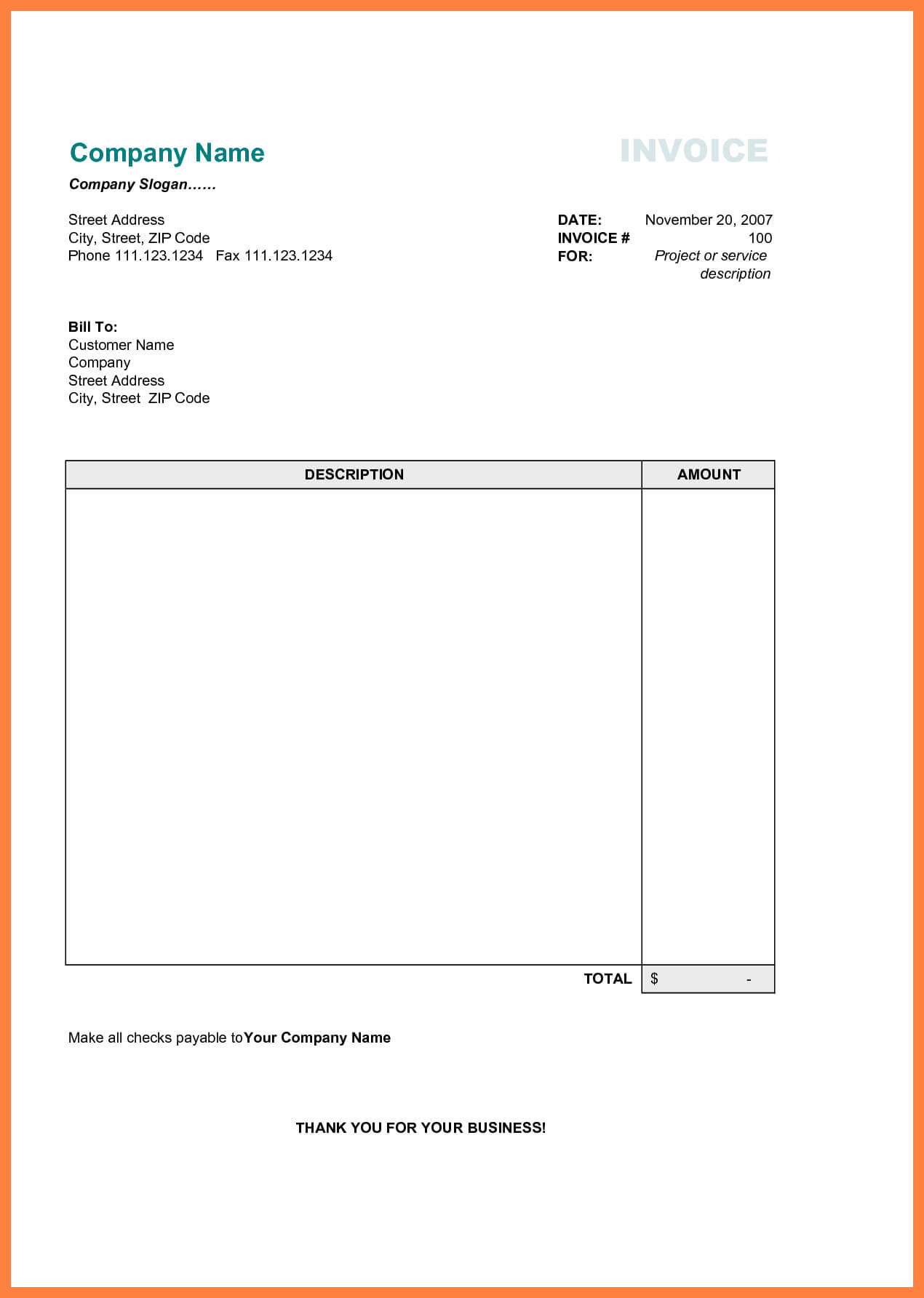 Free Printable Business Invoice Template – Invoice Format In With Free Printable Invoice Template Microsoft Word