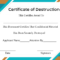 Free Printable Certificate Of Destruction Sample inside Destruction Certificate Template