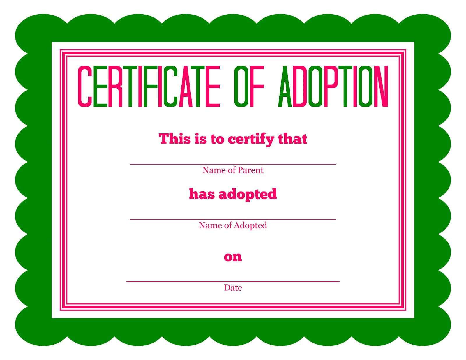 Free Printable Stuffed Animal Adoption Certificate Intended For Blank Adoption Certificate Template