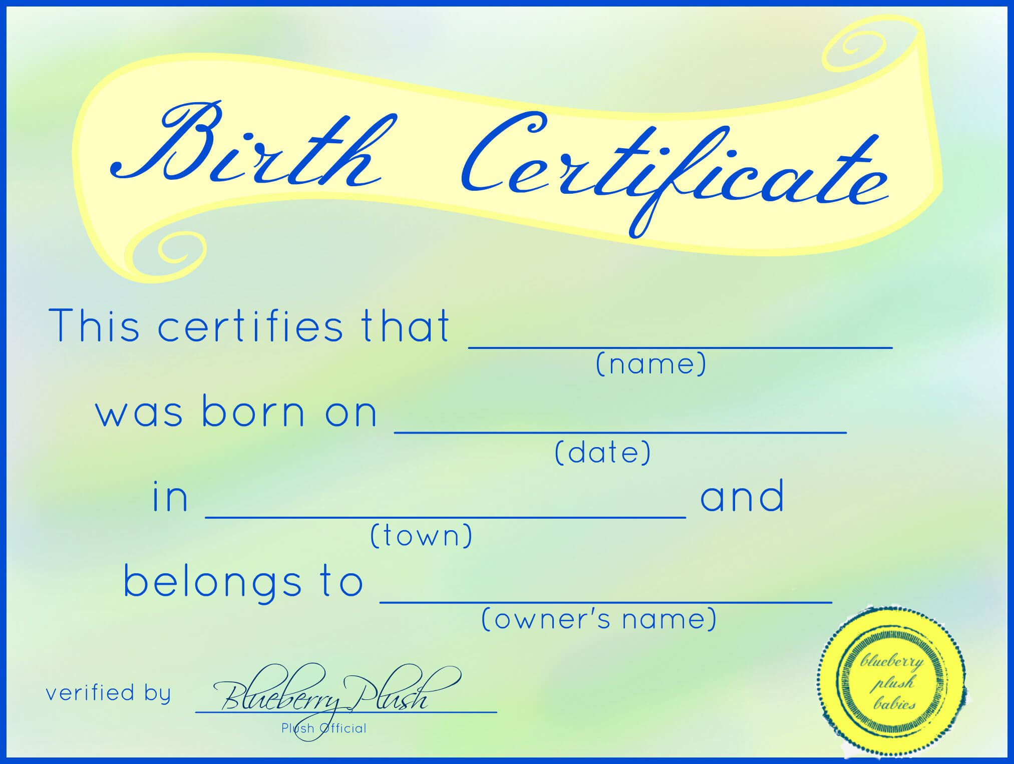 Free Printable Stuffed Animal Birth Certificates – Blueberry Pertaining To Baby Doll Birth Certificate Template