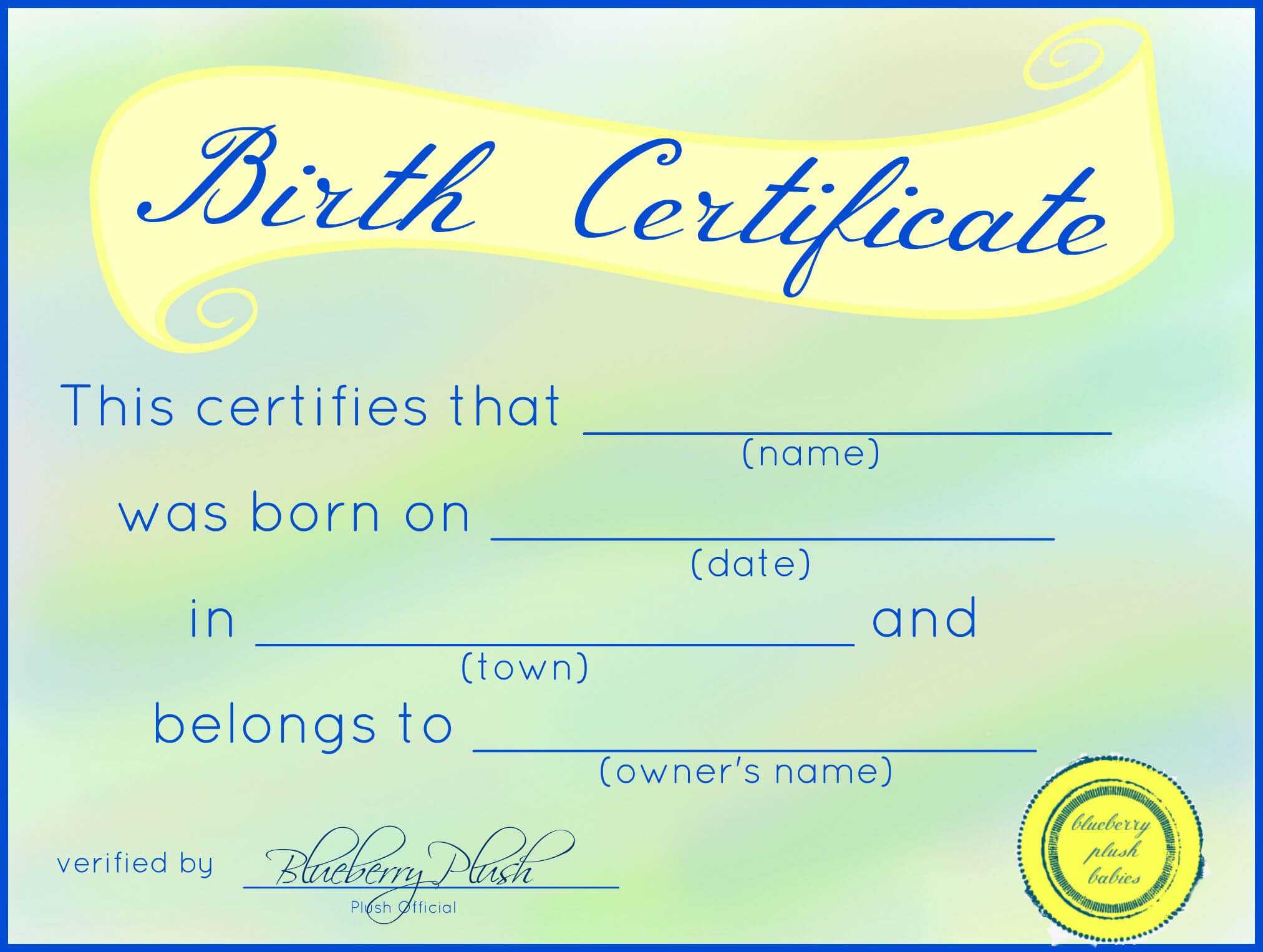 Free Printable Stuffed Animal Birth Certificates – Blueberry Pertaining To Baby Doll Birth Certificate Template