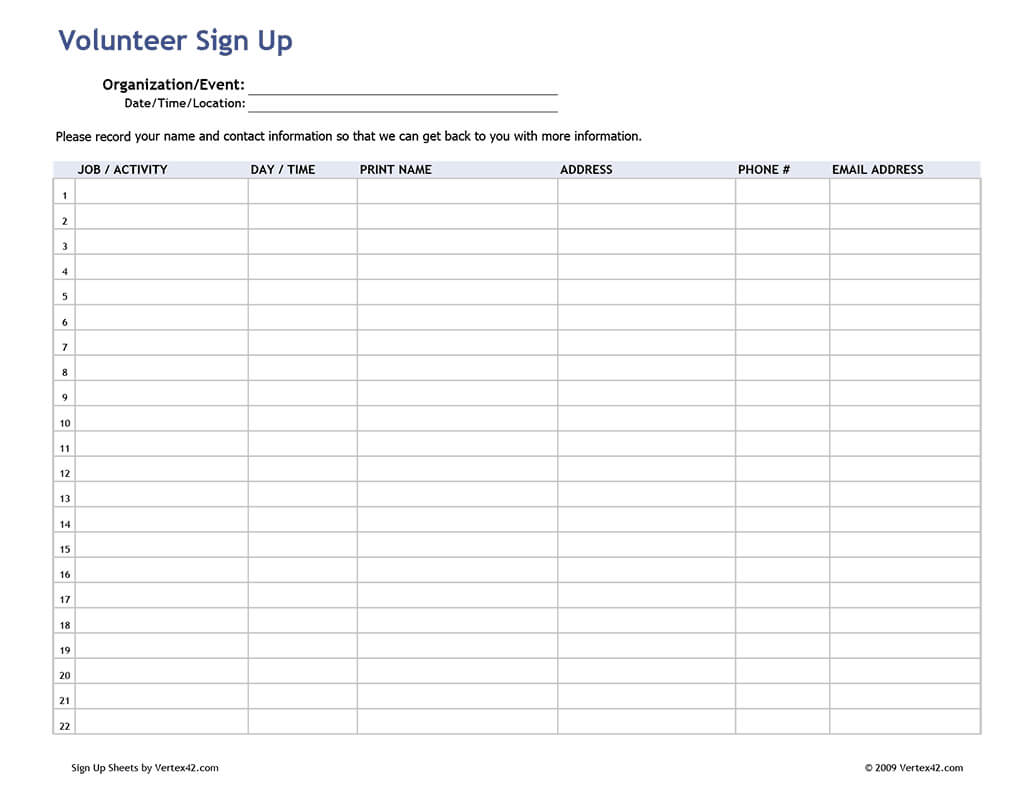 Free Printable Volunteer Sign Up Sheet (Pdf) From Vertex42 Pertaining To Volunteer Report Template