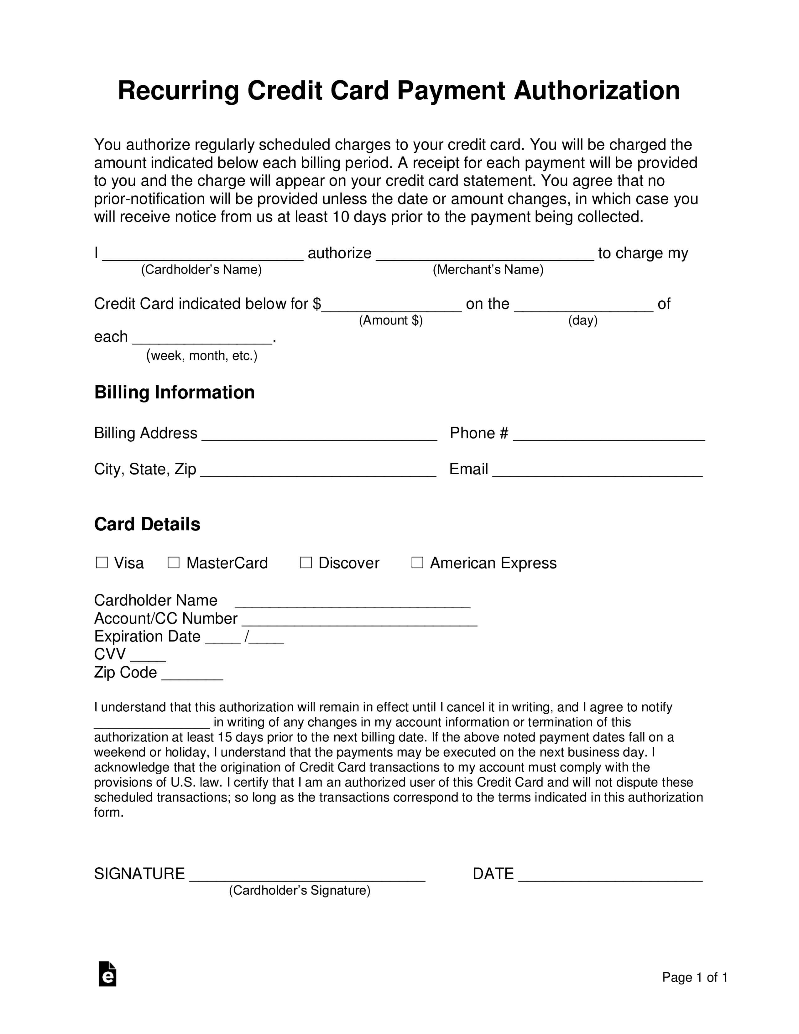 Free Recurring Credit Card Authorization Form – Word | Pdf With Regard To Credit Card Billing Authorization Form Template