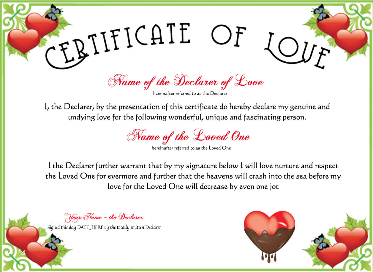 Free Romance And Valentine's Day Certificates At In Love Certificate Templates