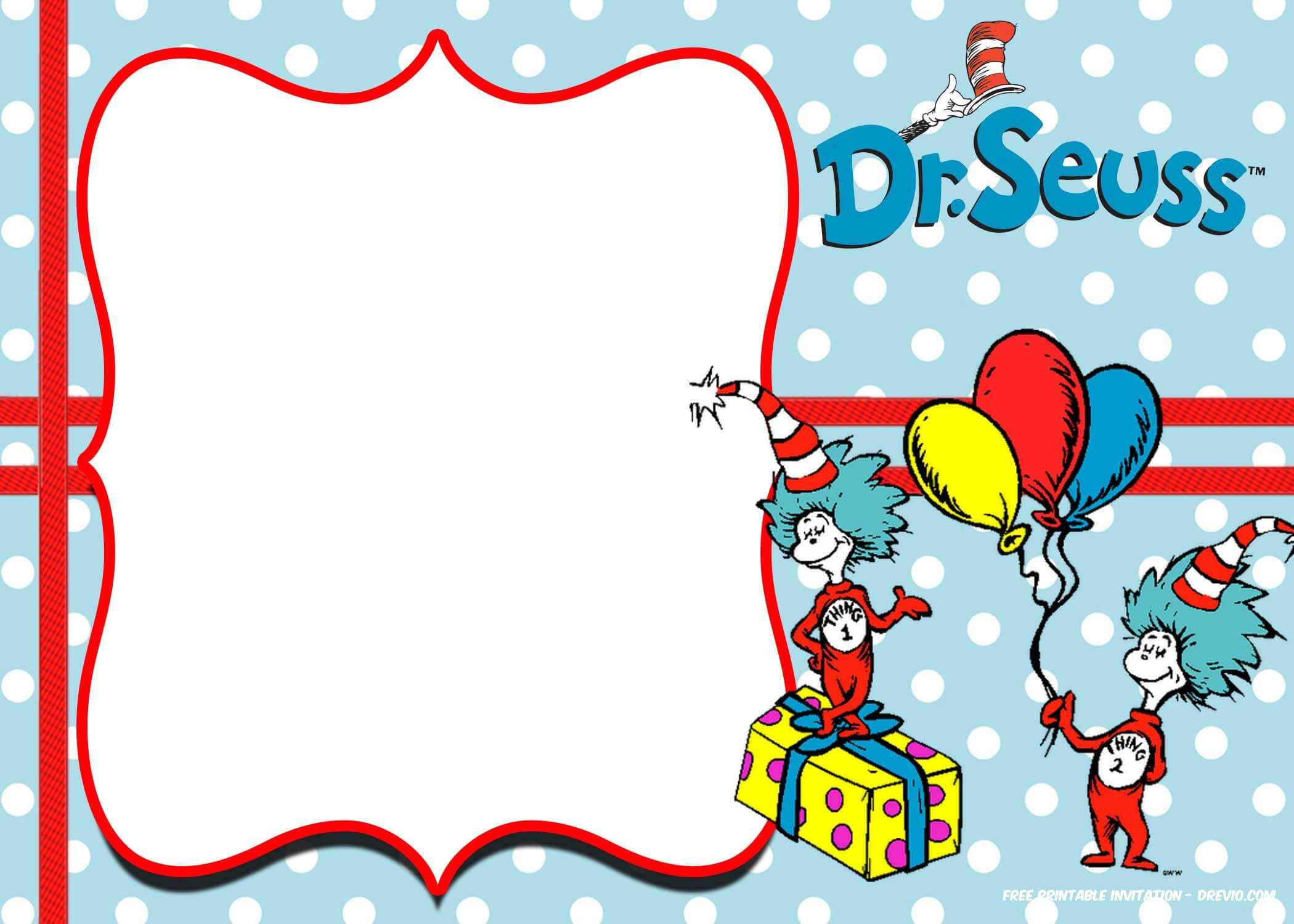 Free Thing 1 And Thing 2 Dr. Seuss Invitation Templates Regarding Dr Seuss Birthday Card Template