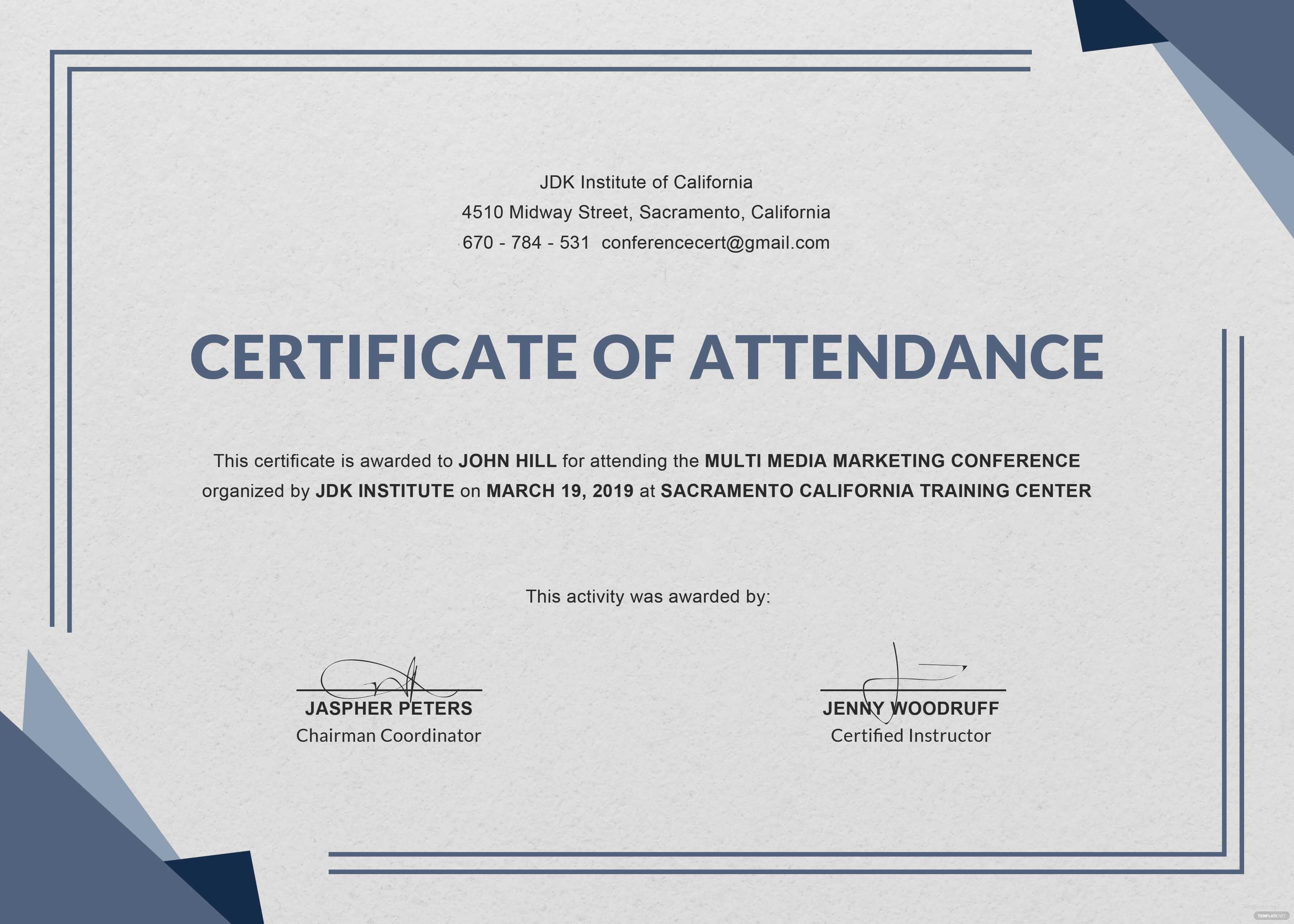 Free Training Attendance Certificate Template Word Printable Regarding Certificate Of Attendance Conference Template