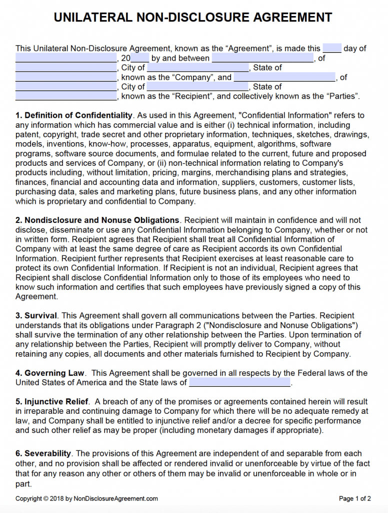 Free Unilateral Non Disclosure Agreement (Nda) | Pdf | Word Regarding Nda Template Word Document