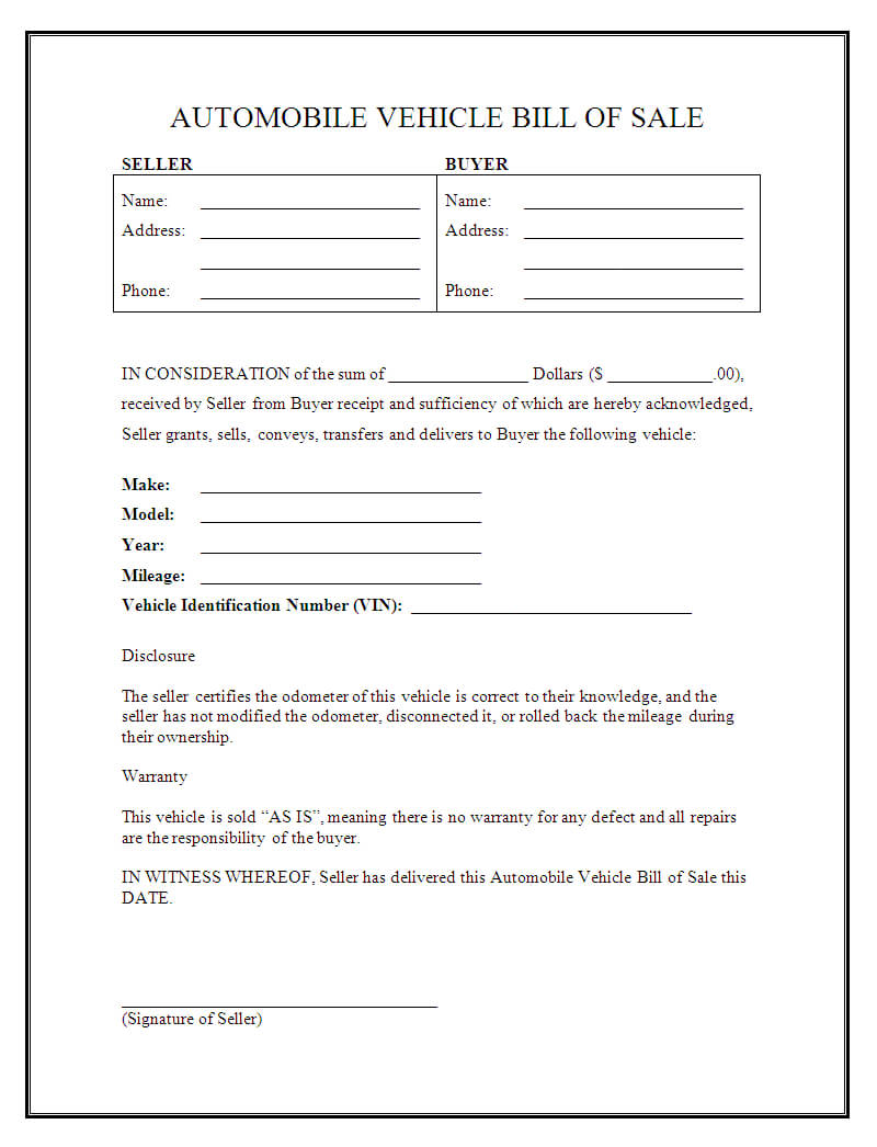 Free Vehicle Bill Of Sale Forms – Tosya.magdalene Project For Vehicle Bill Of Sale Template Word