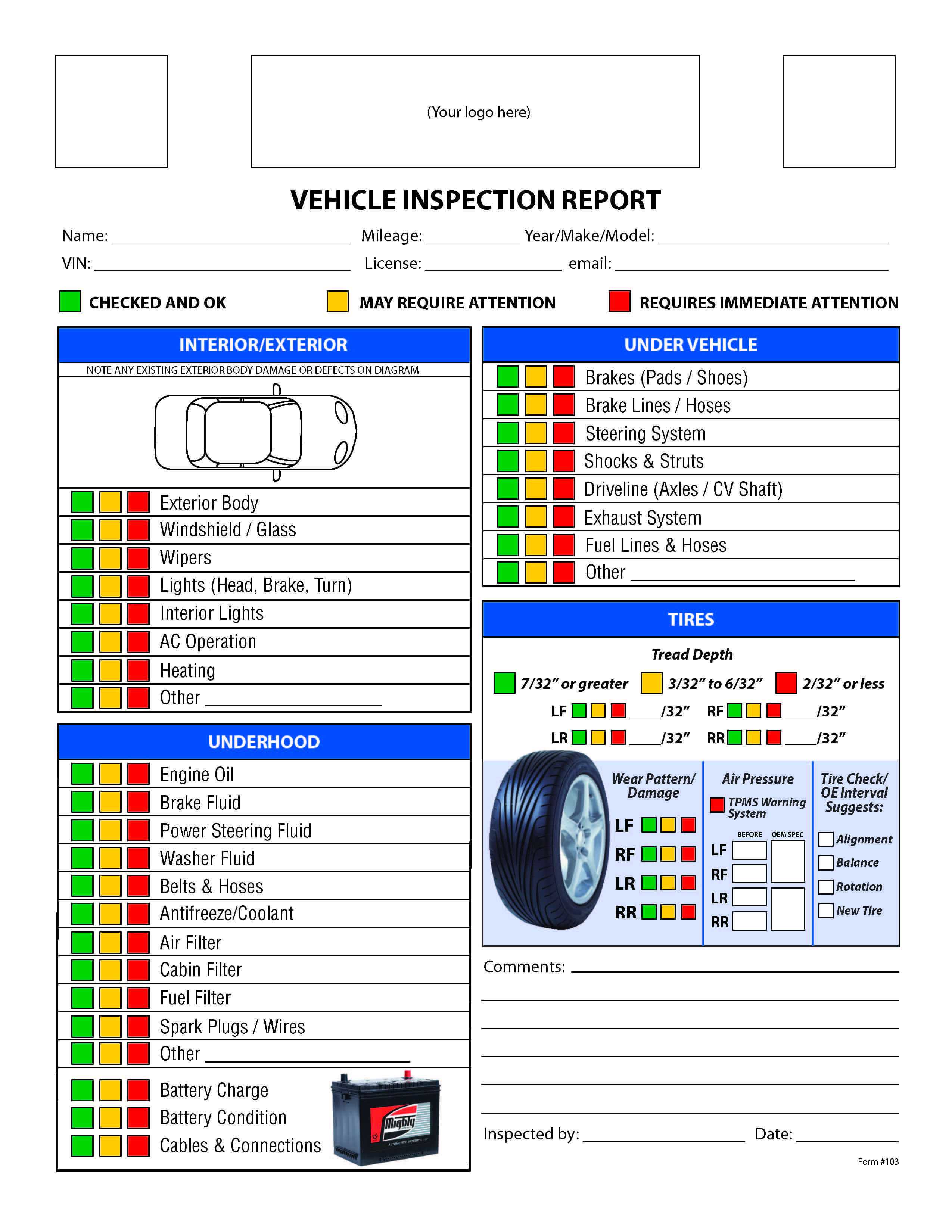 Free Vehicle Inspection Checklist Form | Vehicle Inspection With Vehicle Inspection Report Template