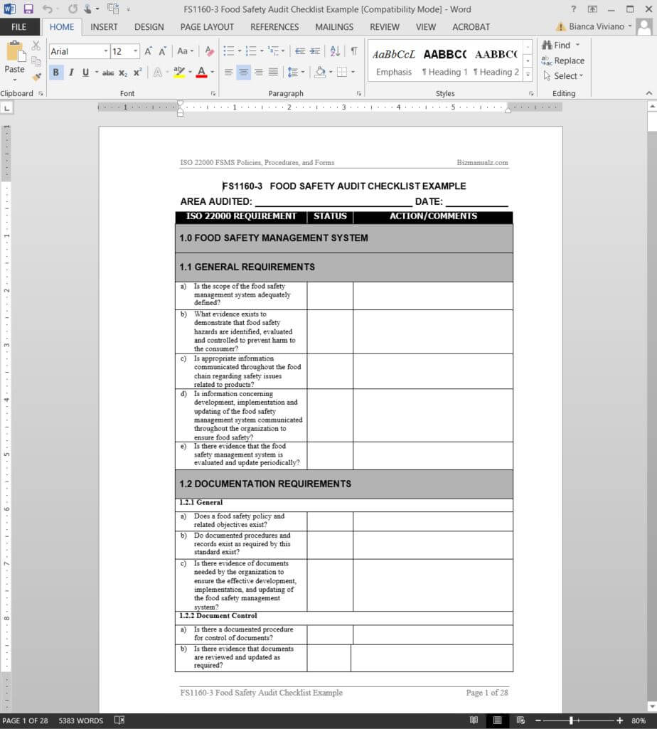 Fsms Food Safety Audit Checklist Template | Fds1160 3 With Regard To Information System Audit Report Template