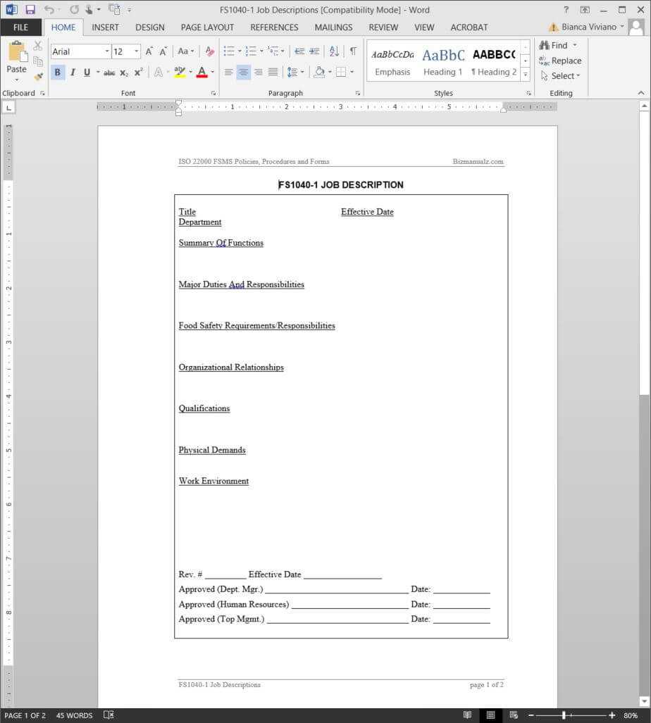 Fsms Job Description Template | Fds1040 1 With Job Descriptions Template Word