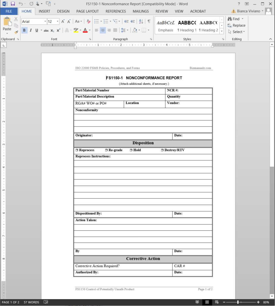 Fsms Nonconformance Report Template | Fds1150 1 Throughout Non Conformance Report Form Template