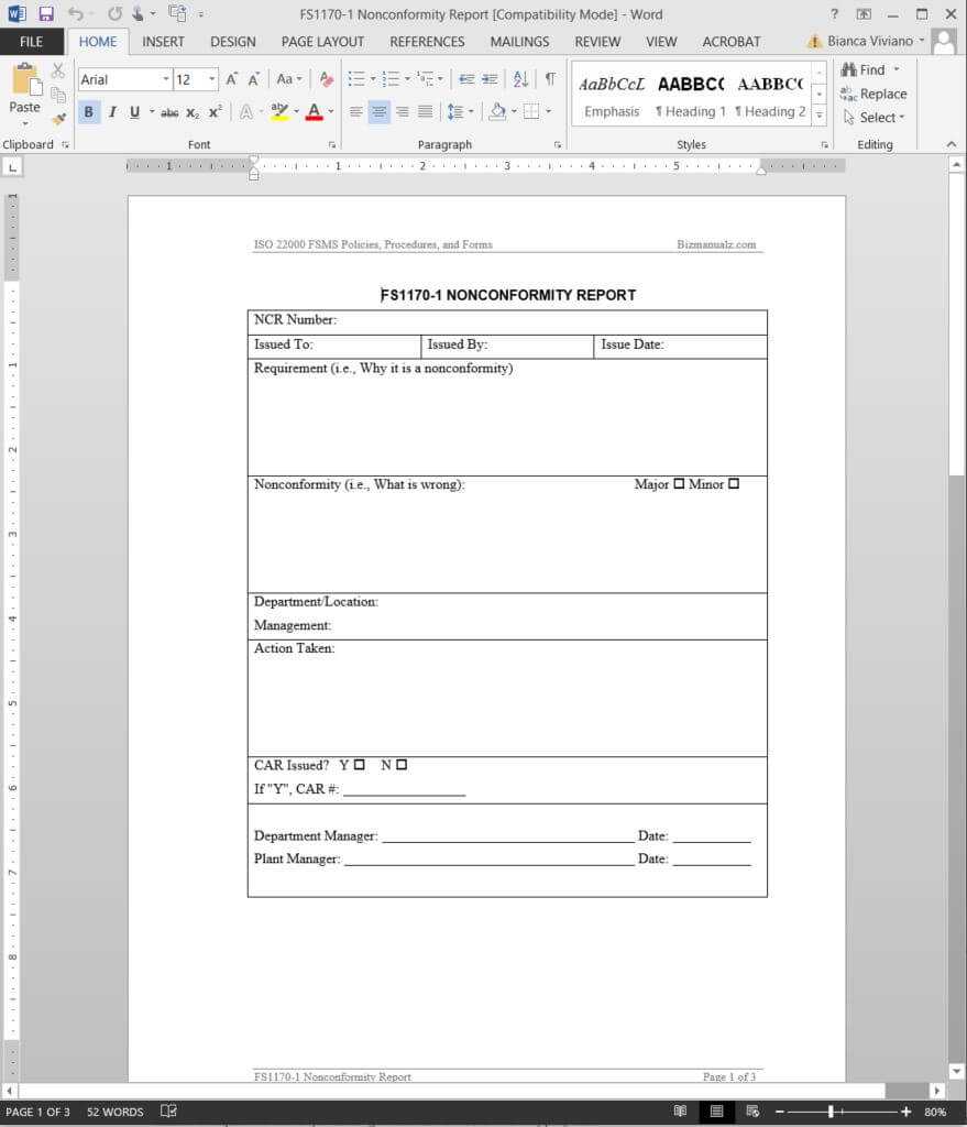 Fsms Nonconformity Report Template | Fds1170 1 Intended For Non Conformance Report Form Template