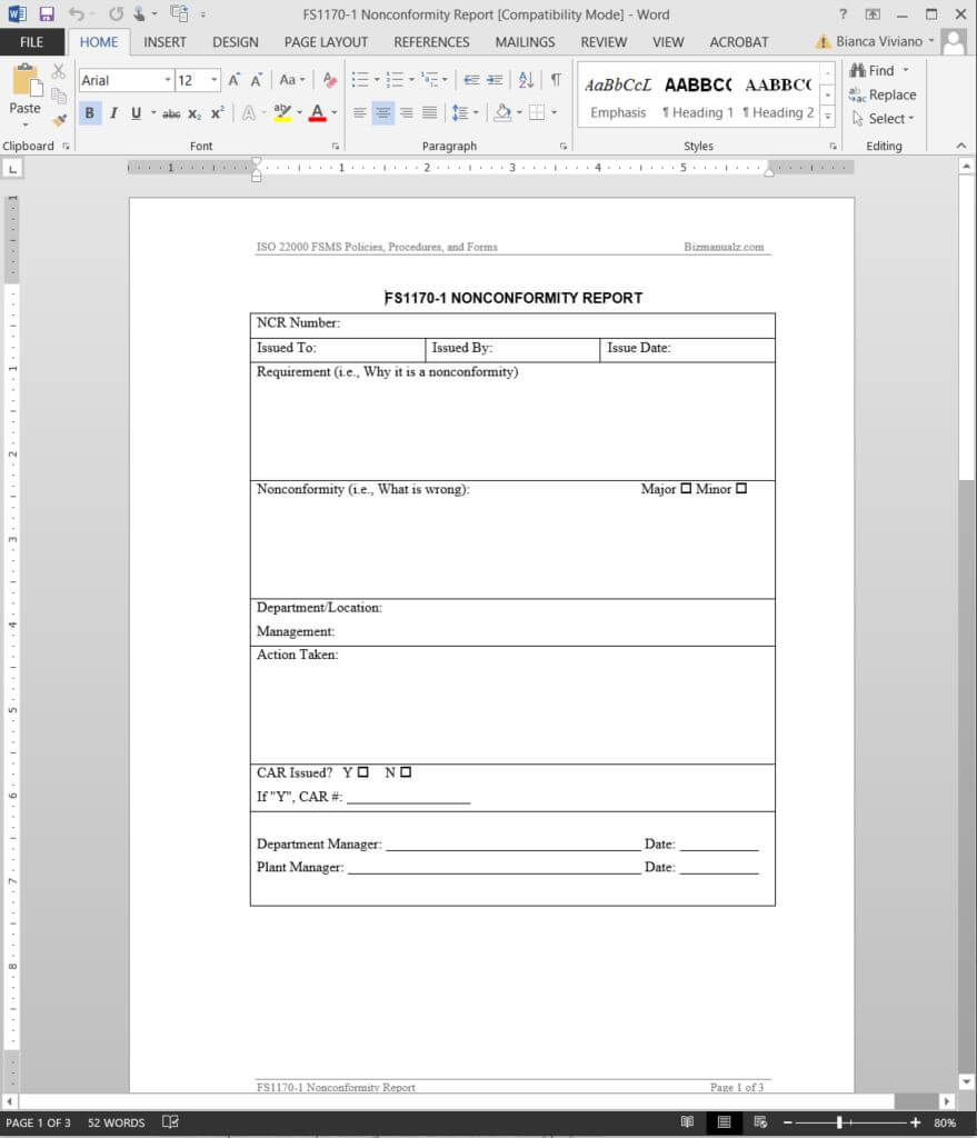 Fsms Nonconformity Report Template | Fds1170 1 Regarding Ncr Report Template