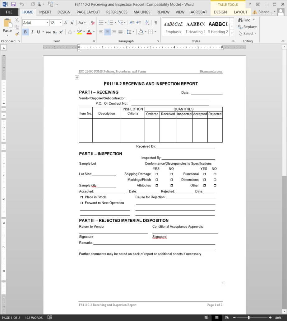 Fsms Receiving Inspection Report Template | Fds1110 2 With Regard To Part Inspection Report Template