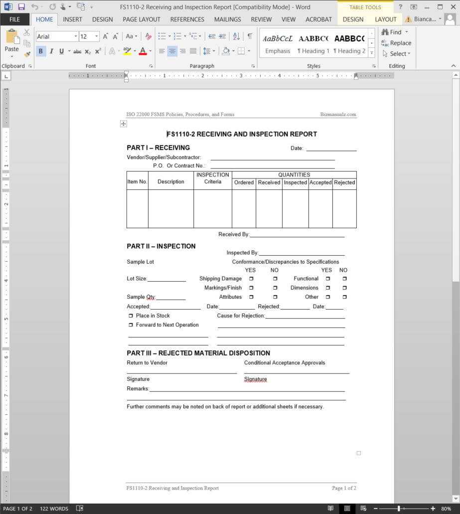 Fsms Receiving Inspection Report Template | Fds1110 2 With Regard To Part Inspection Report Template