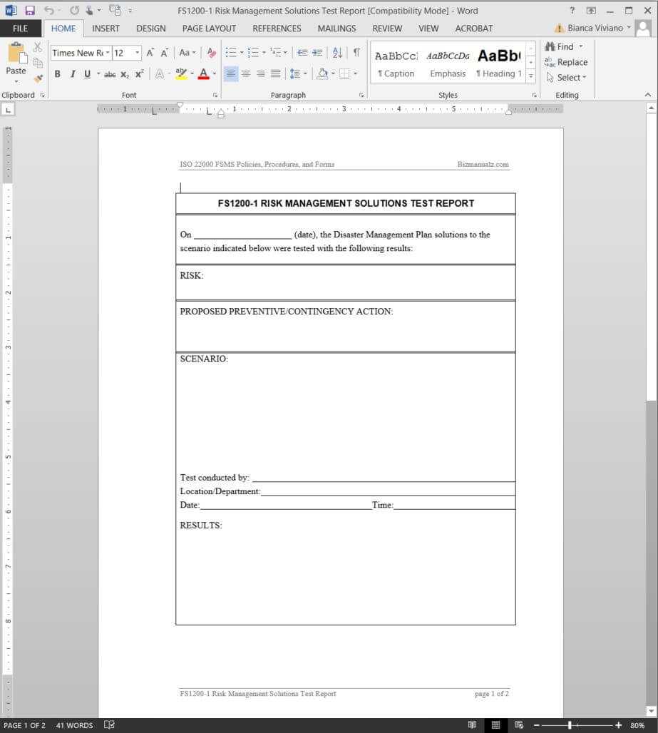 Fsms Risk Management Solutions Test Report Template | Fds1200 1 Intended For Test Template For Word