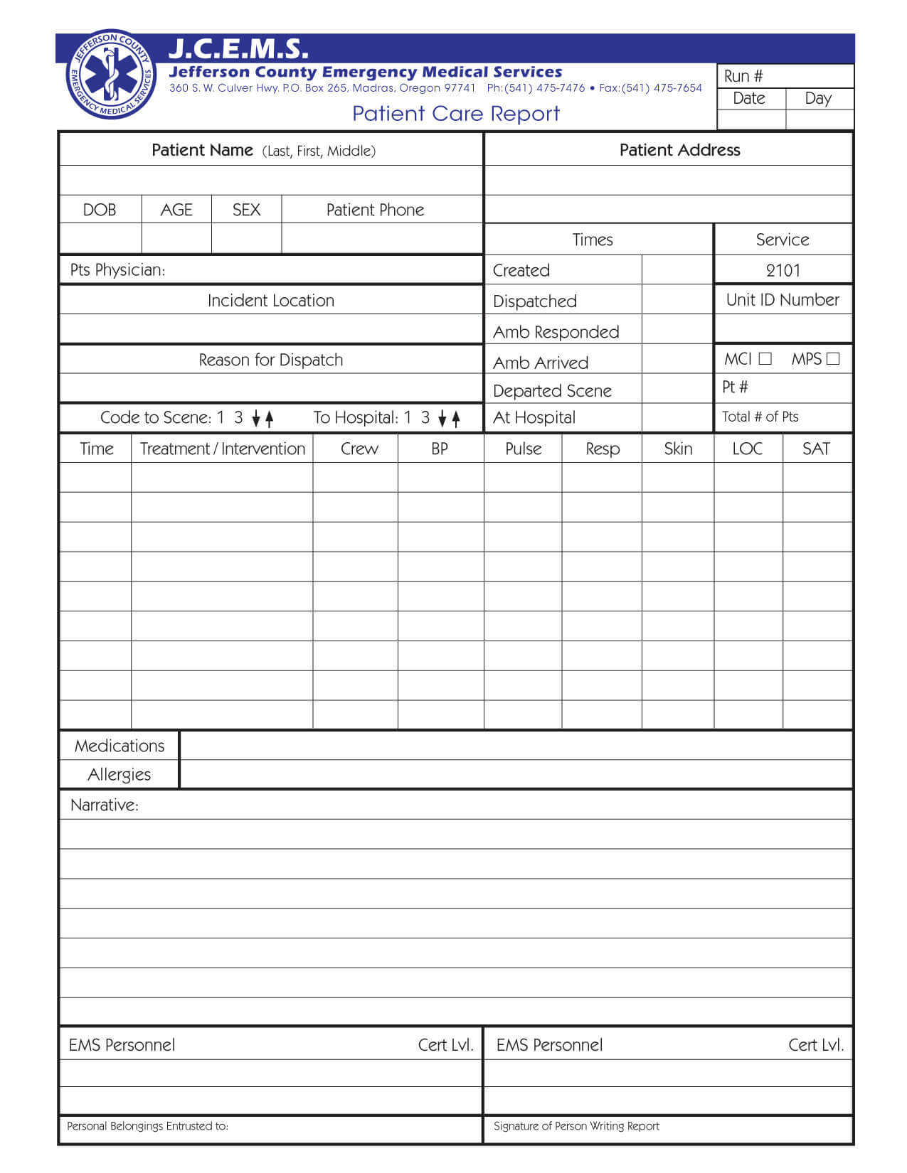 Full Page Pcr Formal Form – 100 Pak With Regard To Patient Care Report Template