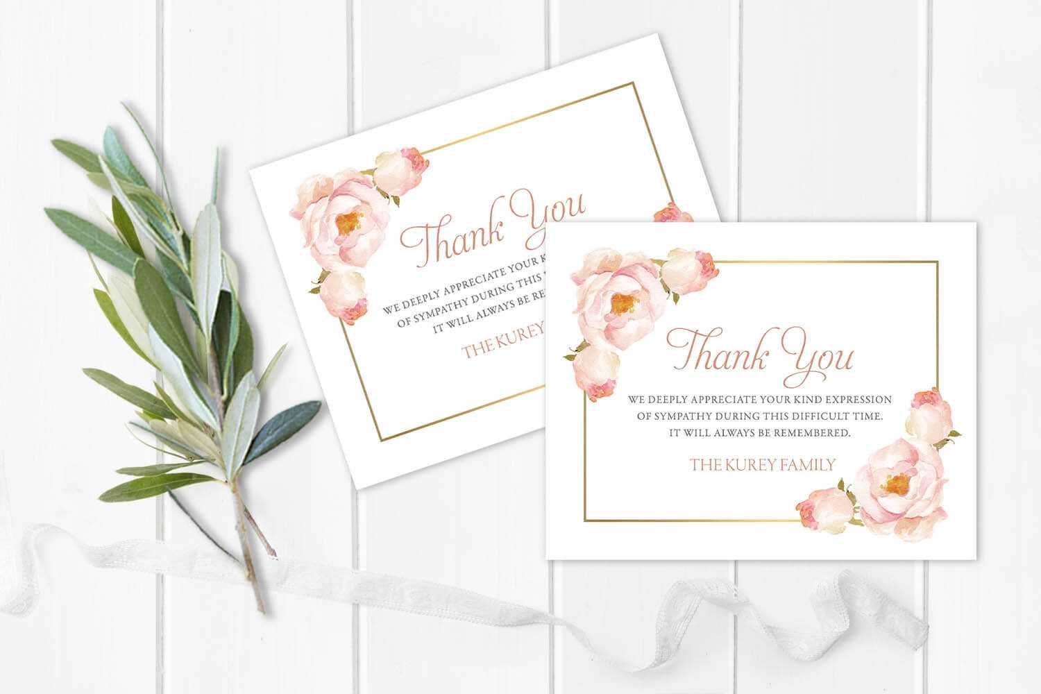 Funeral Acknowledgement Card Template Floral Sympathy Thank You Note  Funeral Cards Memorial Service Blush Rose Printable Template Or Printed With Regard To Sympathy Thank You Card Template