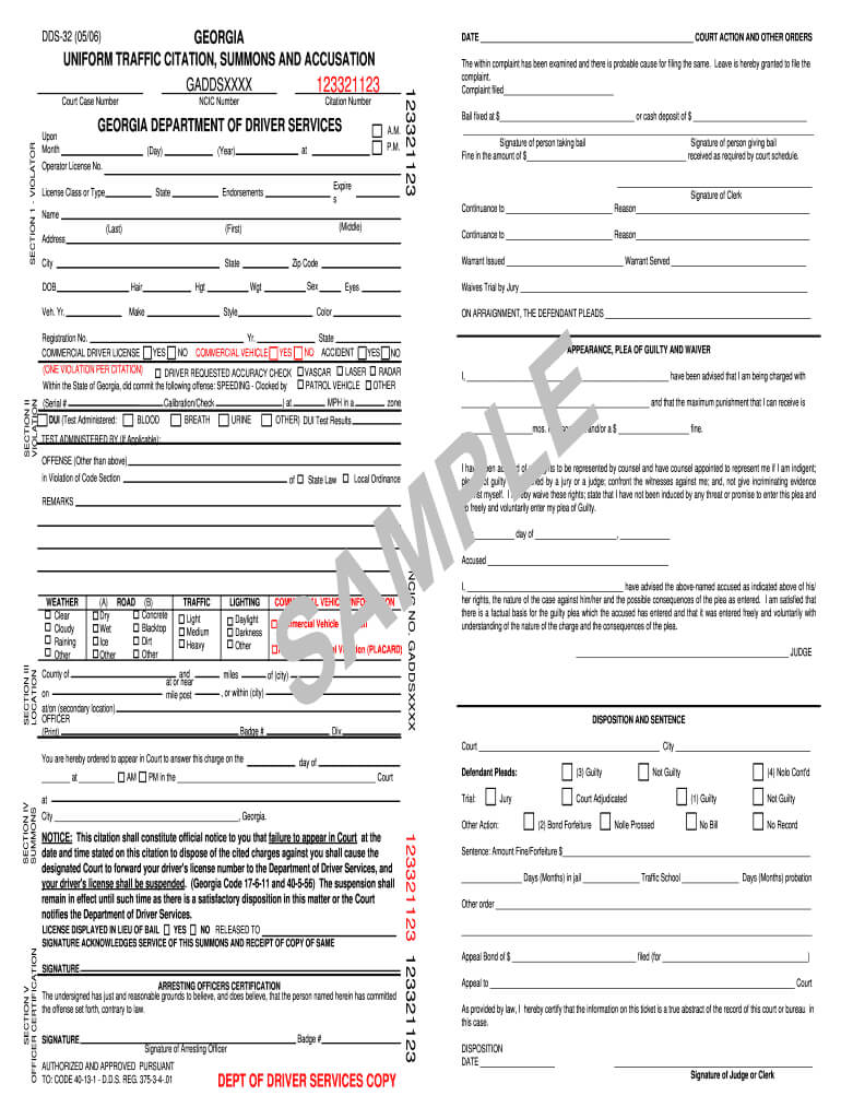 Georgia Uniform Traffic Citation – Fill Online, Printable Throughout Blank Speeding Ticket Template