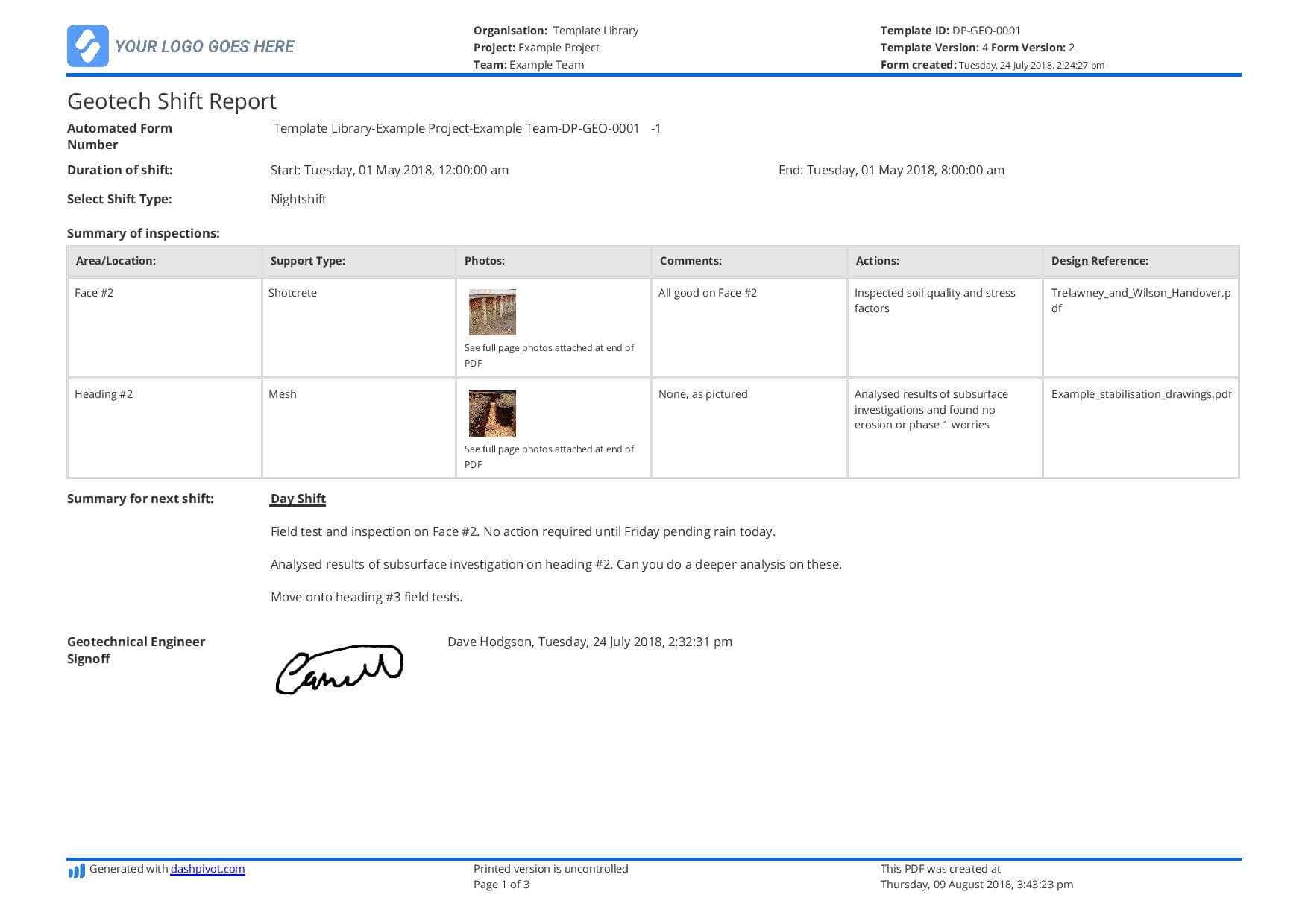 Geotech Shift Report Template: Use This Geotech Shift Report Intended For Shift Report Template