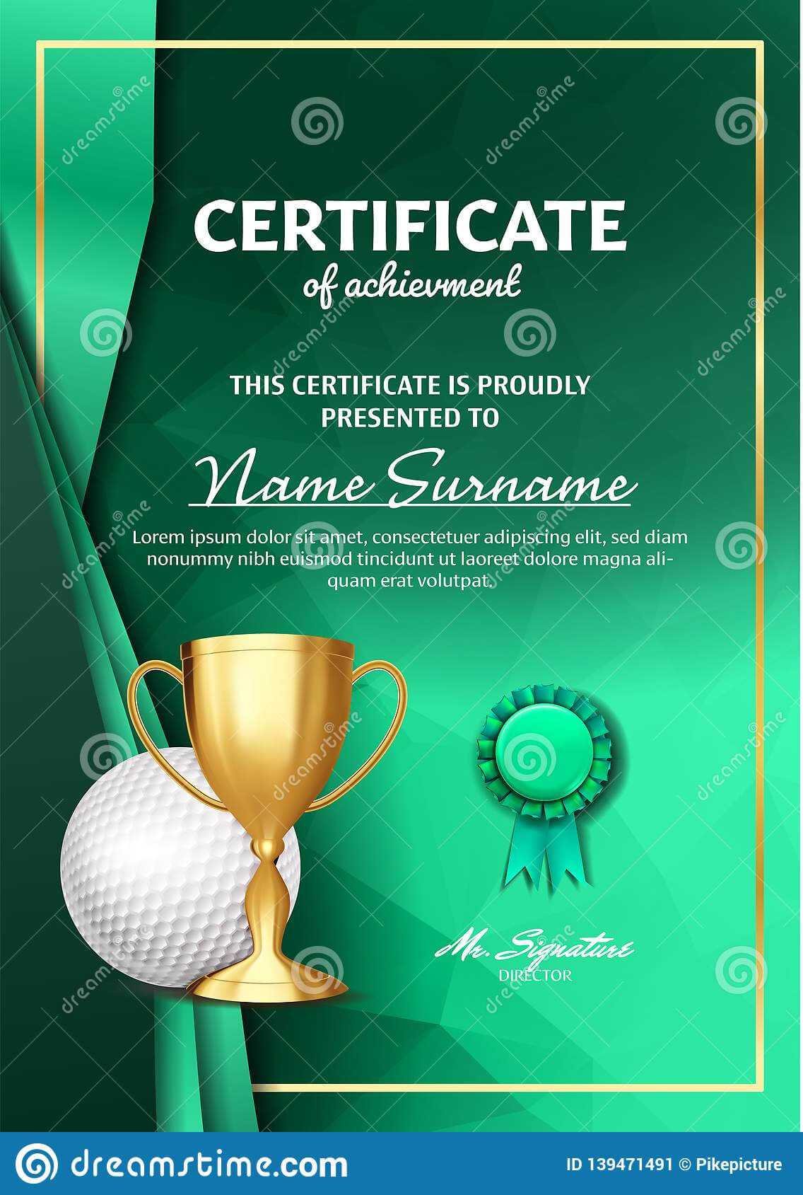 Golf Certificate Diploma With Golden Cup Vector. Sport Award Intended For Golf Certificate Template Free