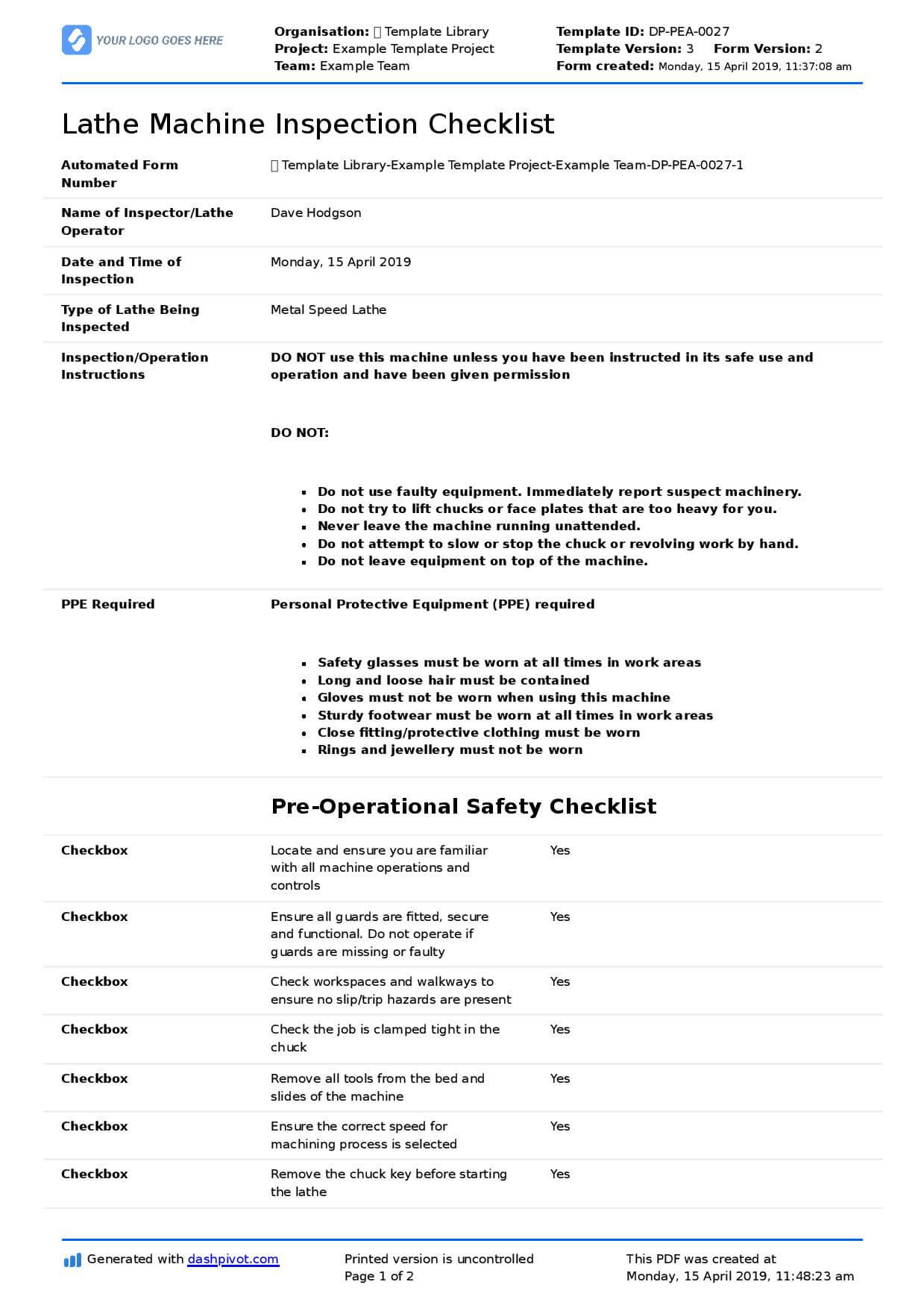 Great Machine Shop Inspection Report Template With Within Machine Shop Inspection Report Template